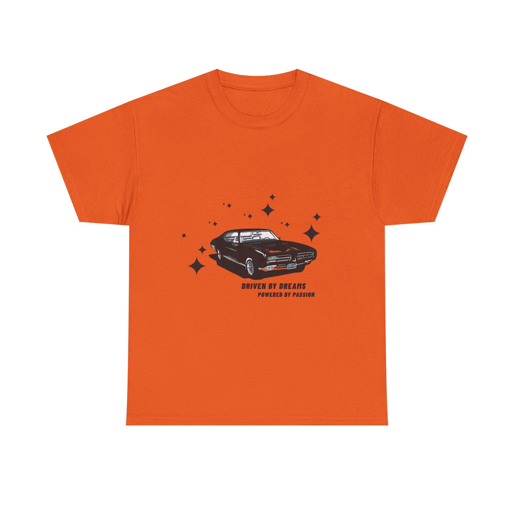 Orange t-shirt with a black car graphic and text on a white background
