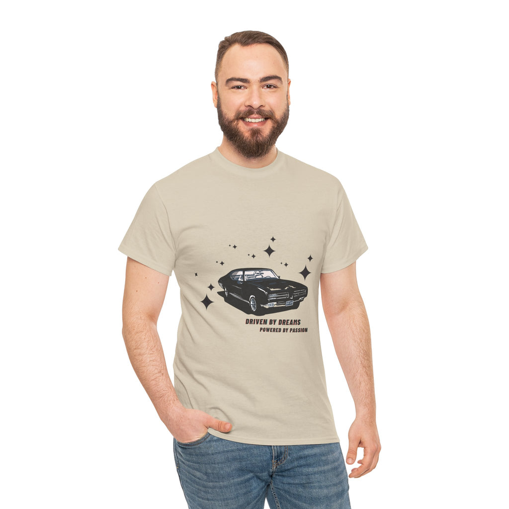 Man wearing a sand t-shirt with a car graphic and text on a white background