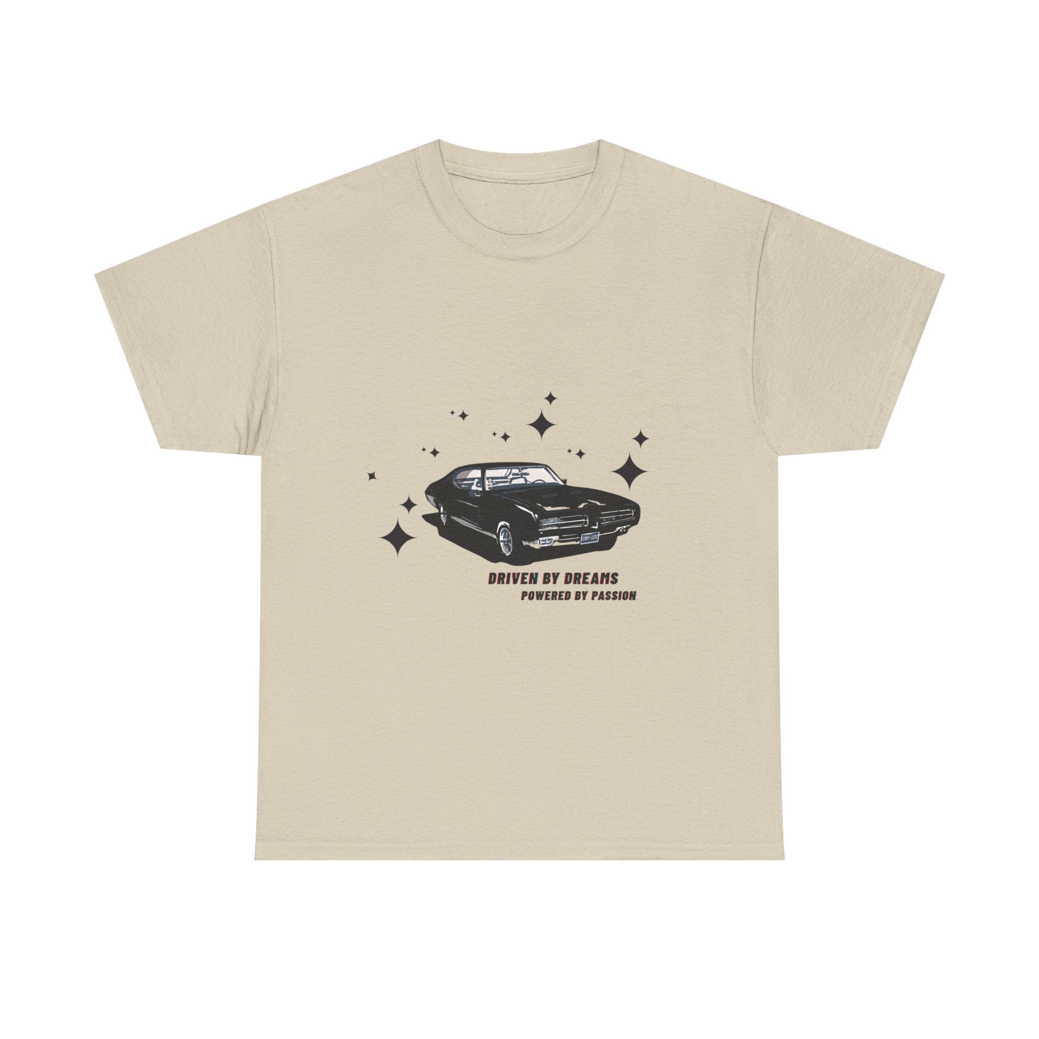 Sand t-shirt with a black car graphic and text on a white background