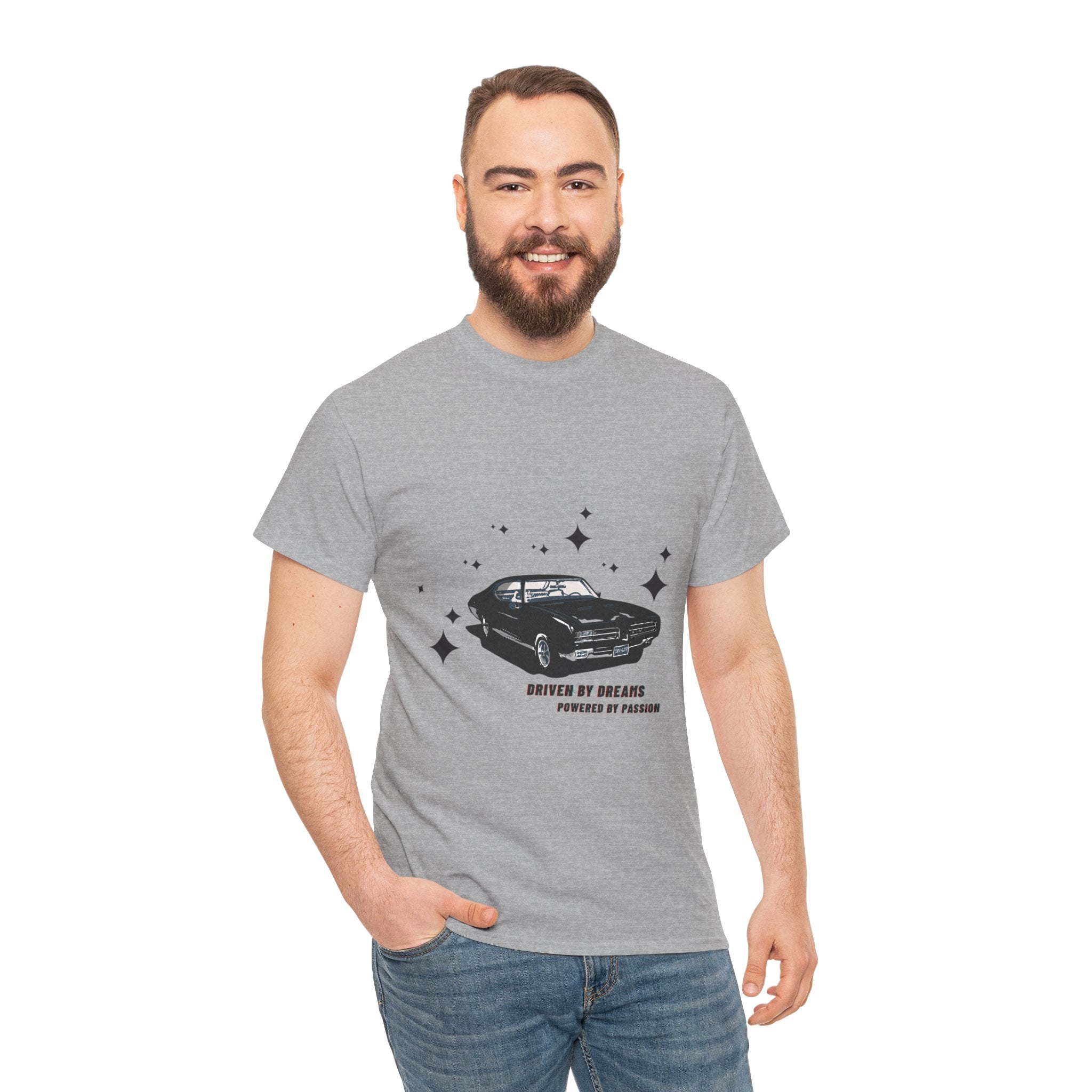 Man wearing a Sport grey t-shirt with a car graphic and text on a white background