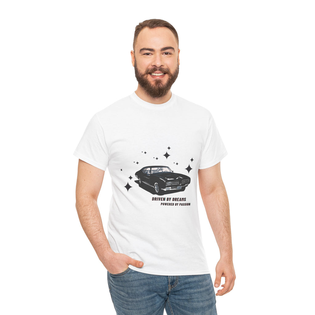 Man wearing a white t-shirt with a car graphic and text on a white background