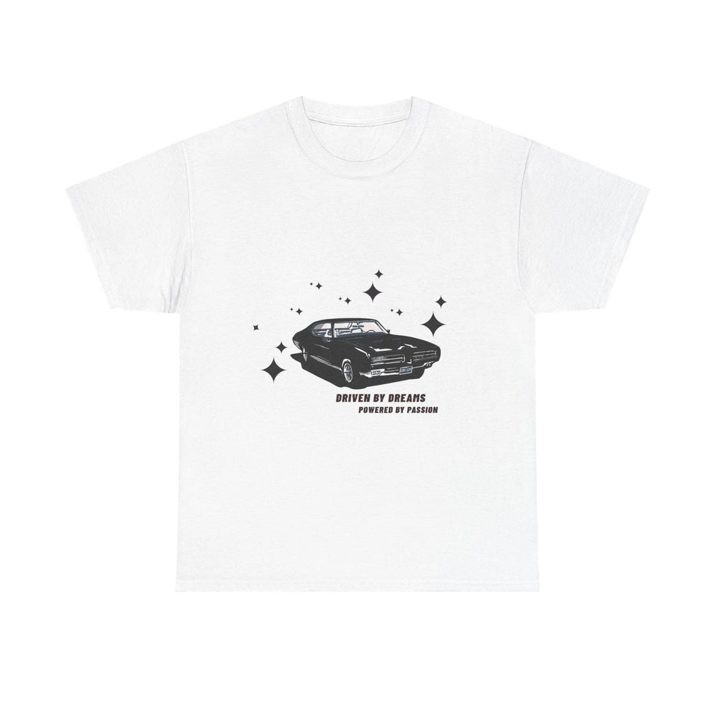 White t-shirt with black car graphic and text on a white background