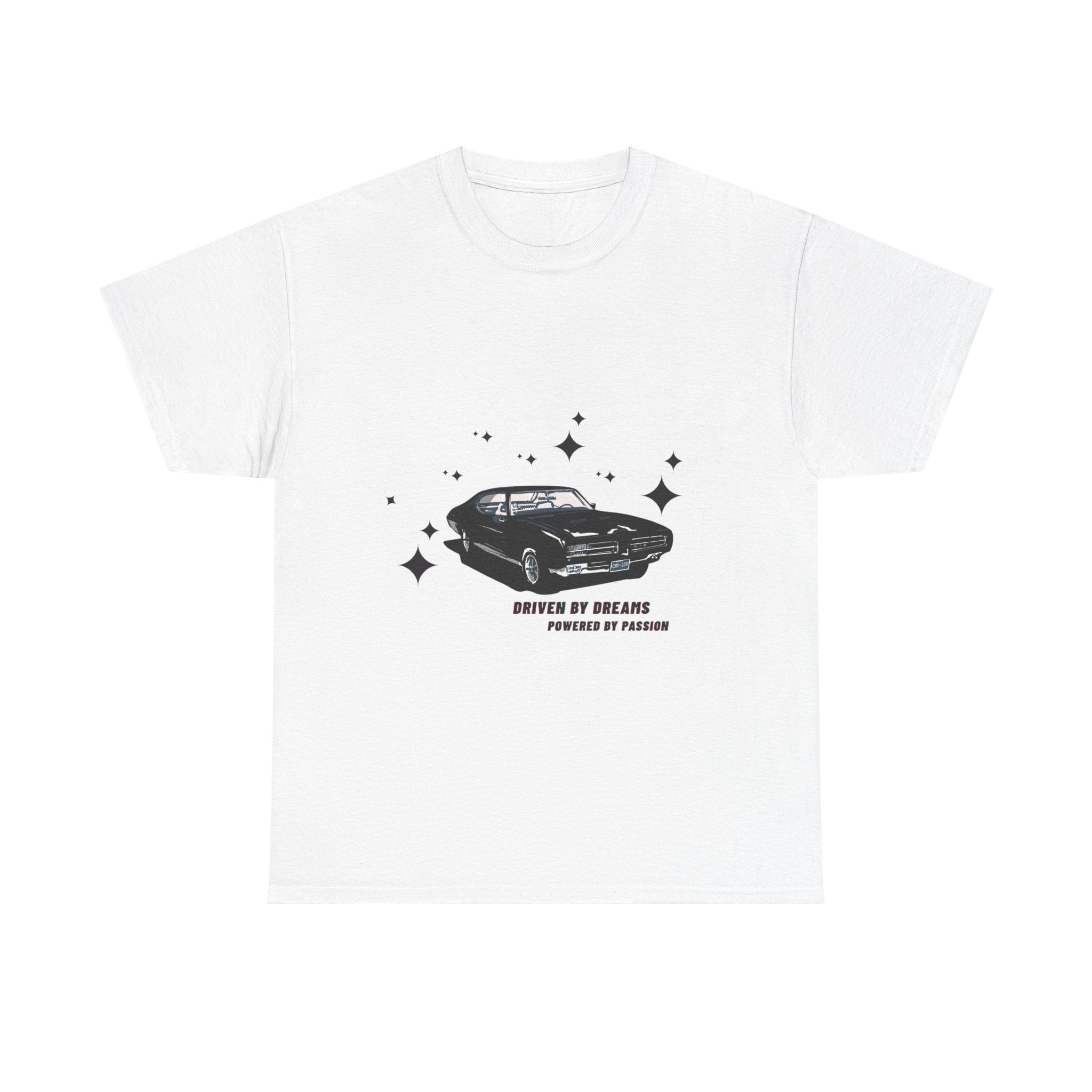 White t-shirt with black car graphic and text on a white background