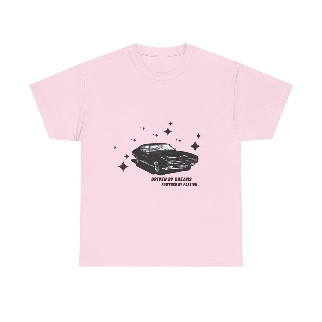 light Pink t-shirt with black car graphic and text on a white background