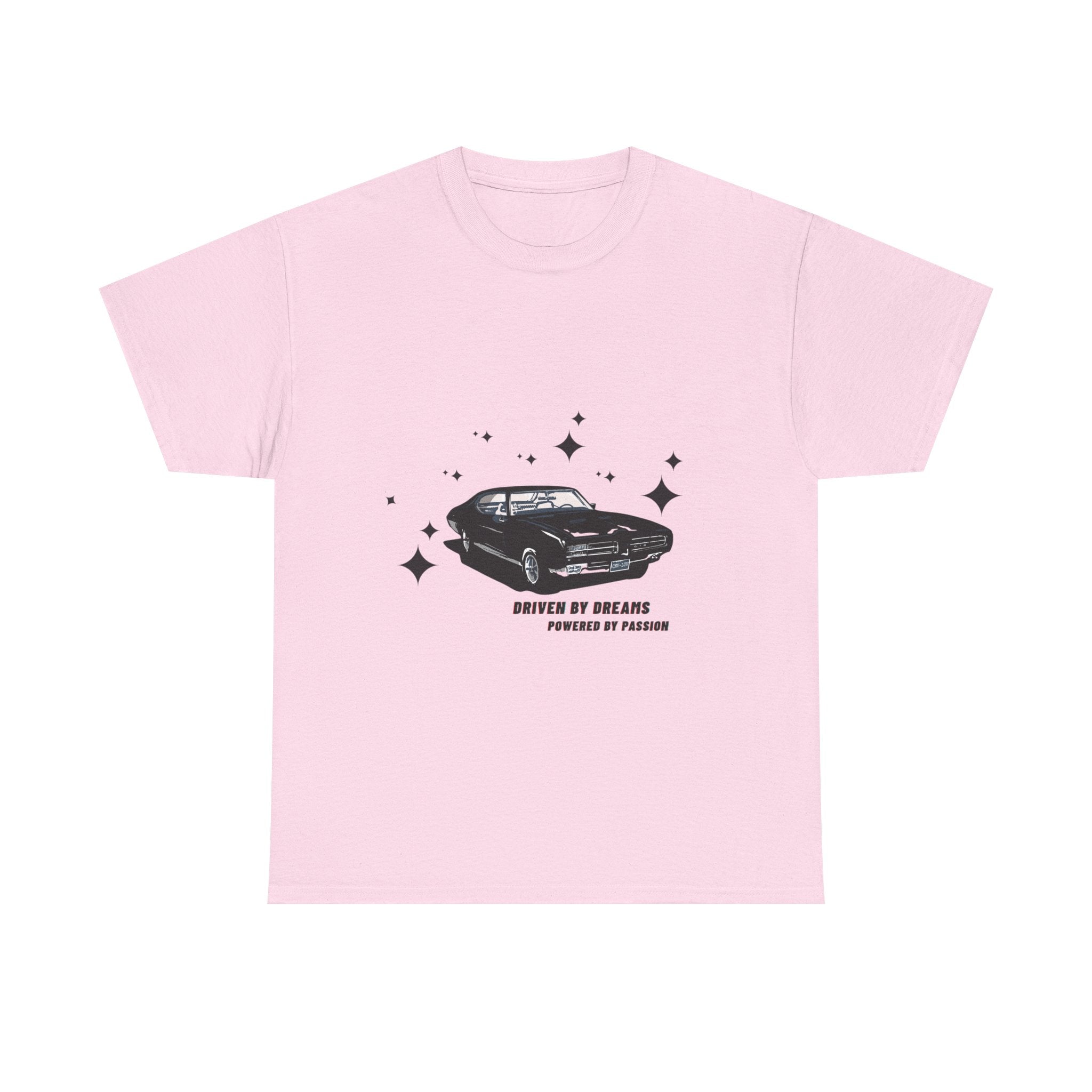 light Pink t-shirt with black car graphic and text on a white background