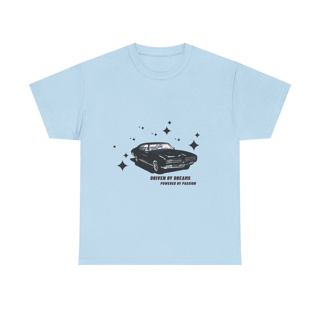 Light blue t-shirt with black car graphic and text on a white background
