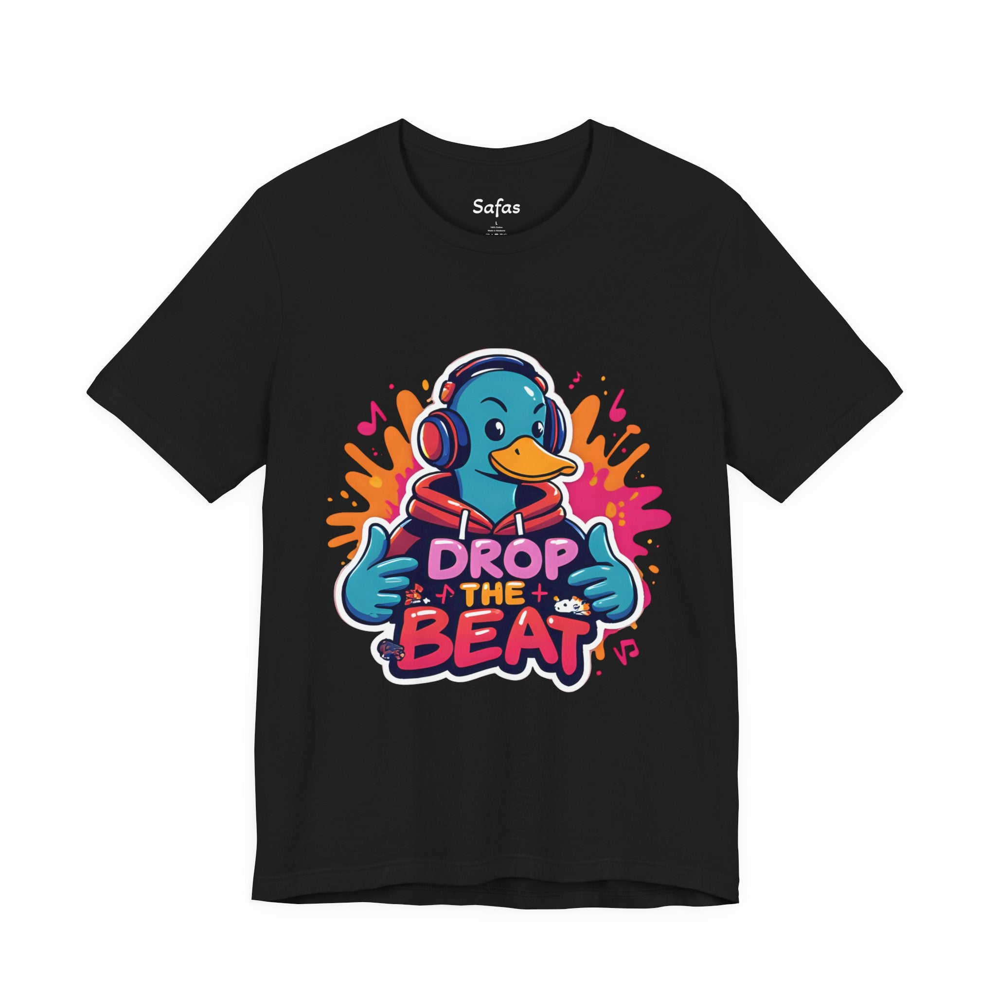 Black t-shirt with a colorful graphic of a duck wearing headphones and 'Drop the Beat' text on a white background.