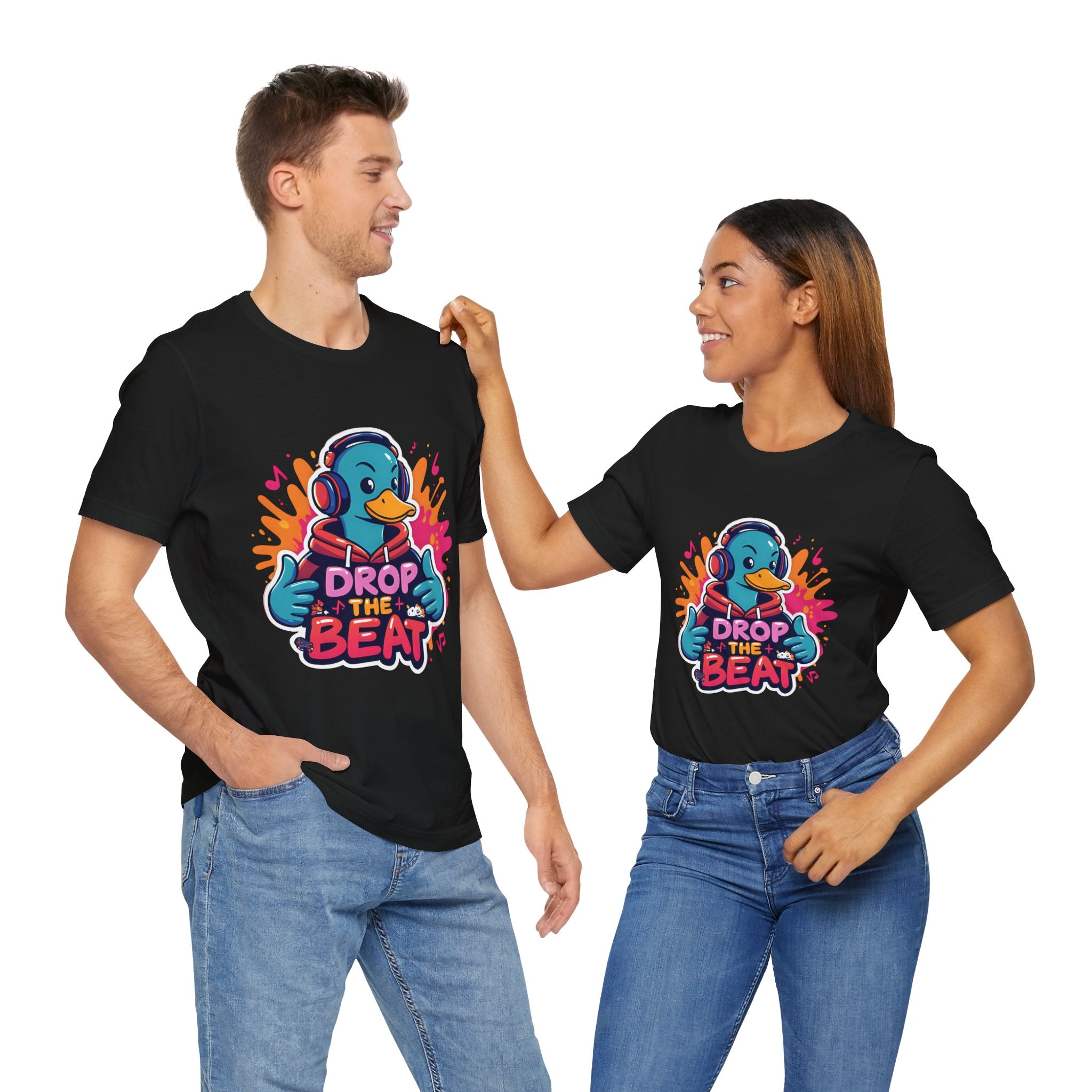 Two people wearing Black t-shirts with colorful graphic design and text on a white background