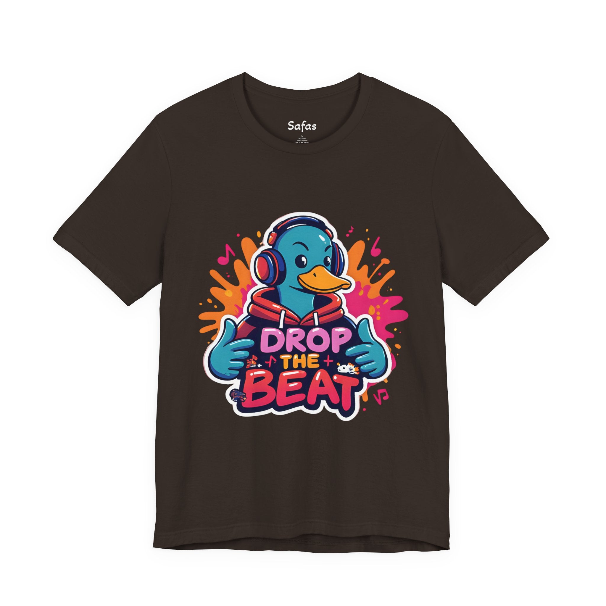 Brown t-shirt with a colorful graphic of a duck wearing headphones and 'Drop the Beat' text on a white background.