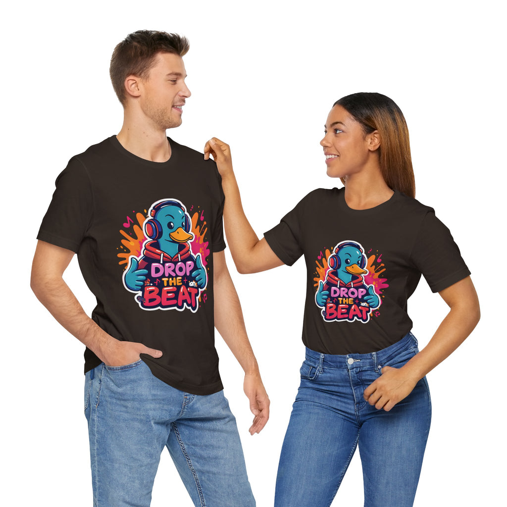 Two people wearing Brown t-shirts with a colorful graphic and text on a white background