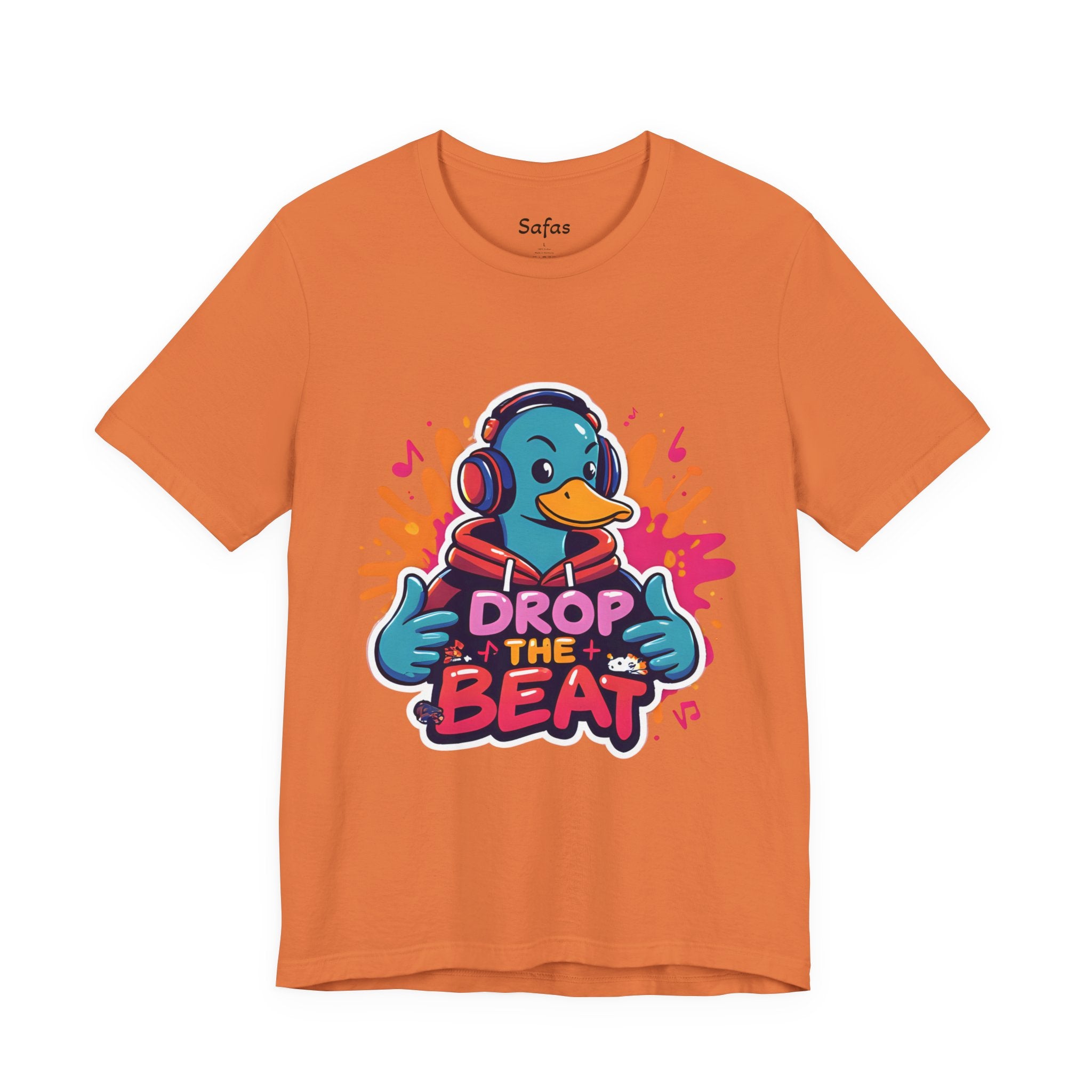 Burnt Orange t-shirt with a duck wearing headphones and 'Drop the Beat' text on a white background.