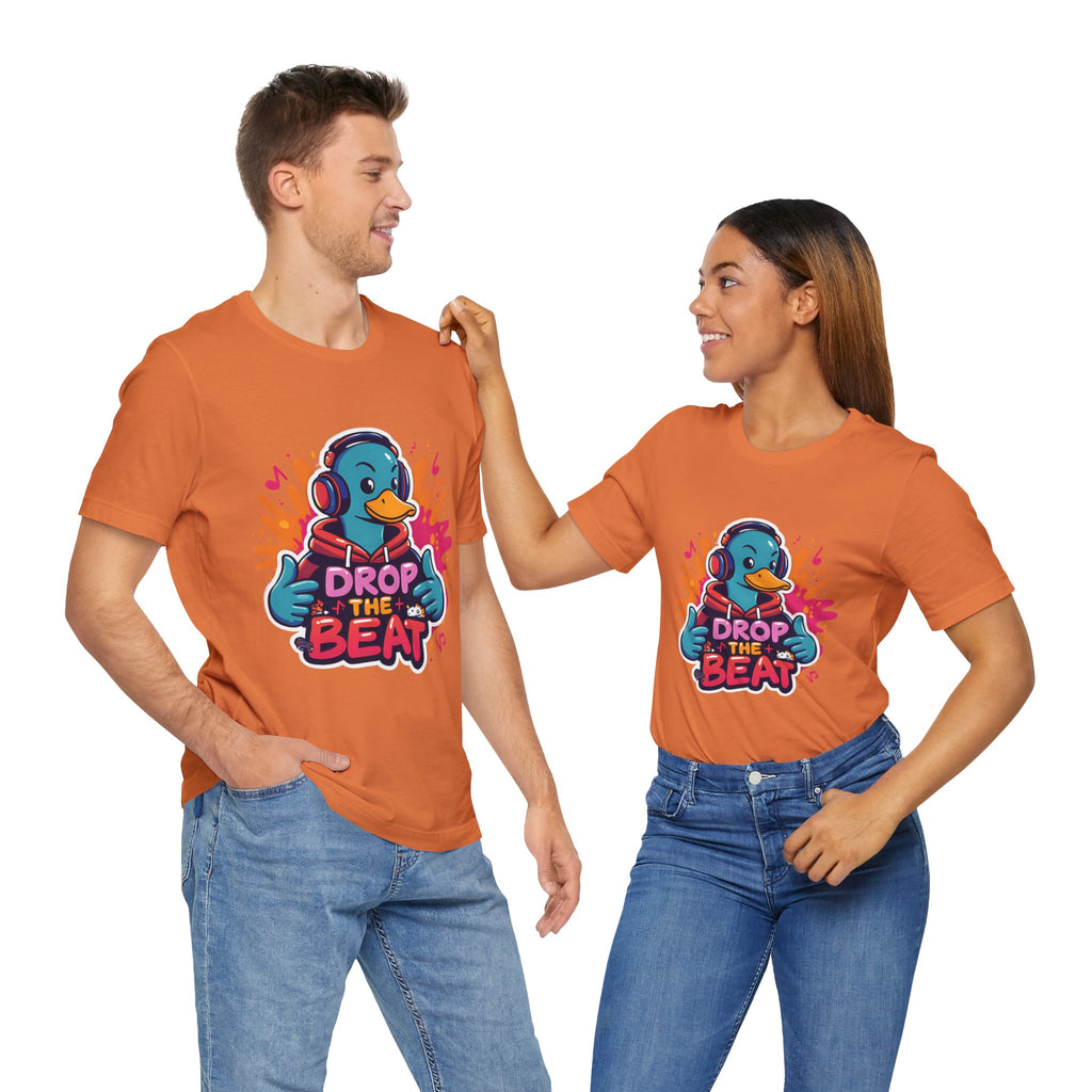 Two people wearing Burnt orange t-shirts with a graphic design and text on a white background