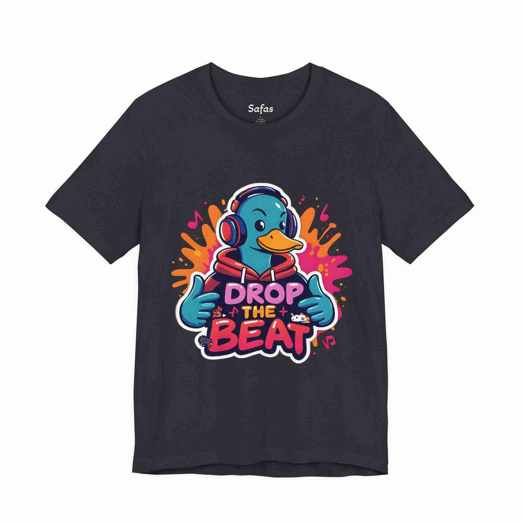 Dark Grey t-shirt with a colorful graphic of a duck wearing headphones and 'Drop the Beat' text on a white background.