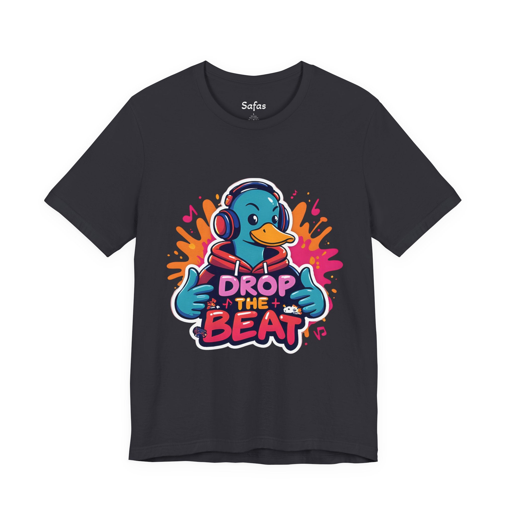 Dark Grey t-shirt with a colorful graphic of a duck wearing headphones and 'Drop the Beat' text on a white background.