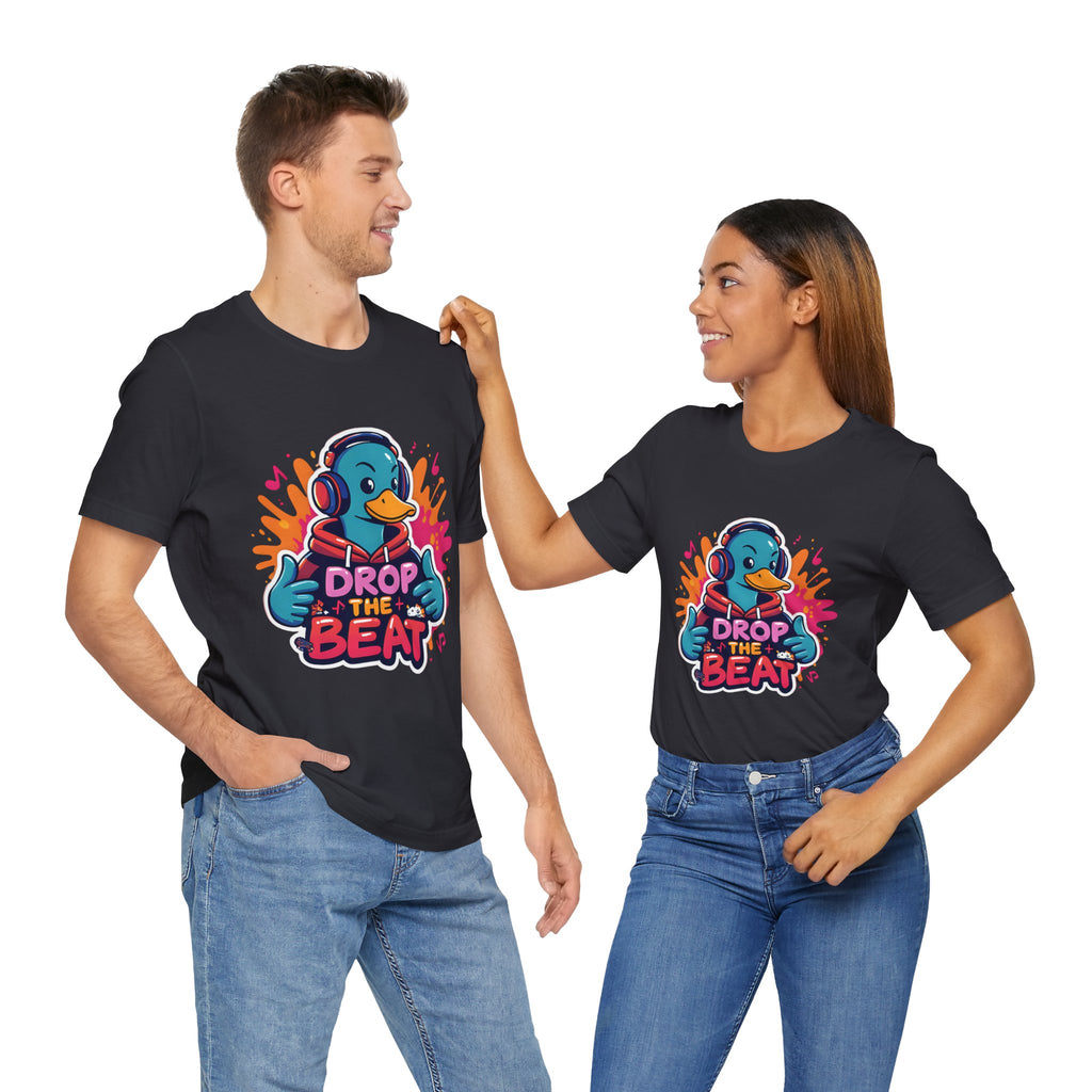 Two people wearing Dark Grey t-shirts with a colorful graphic and text on a white background