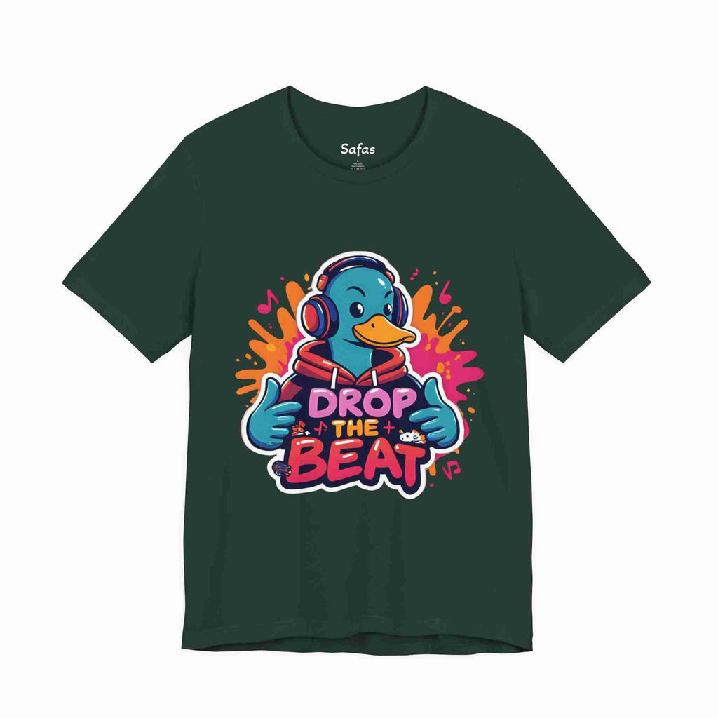 Forest t-shirt with a colorful graphic of a duck wearing headphones and 'Drop the Beat' text on a white background.