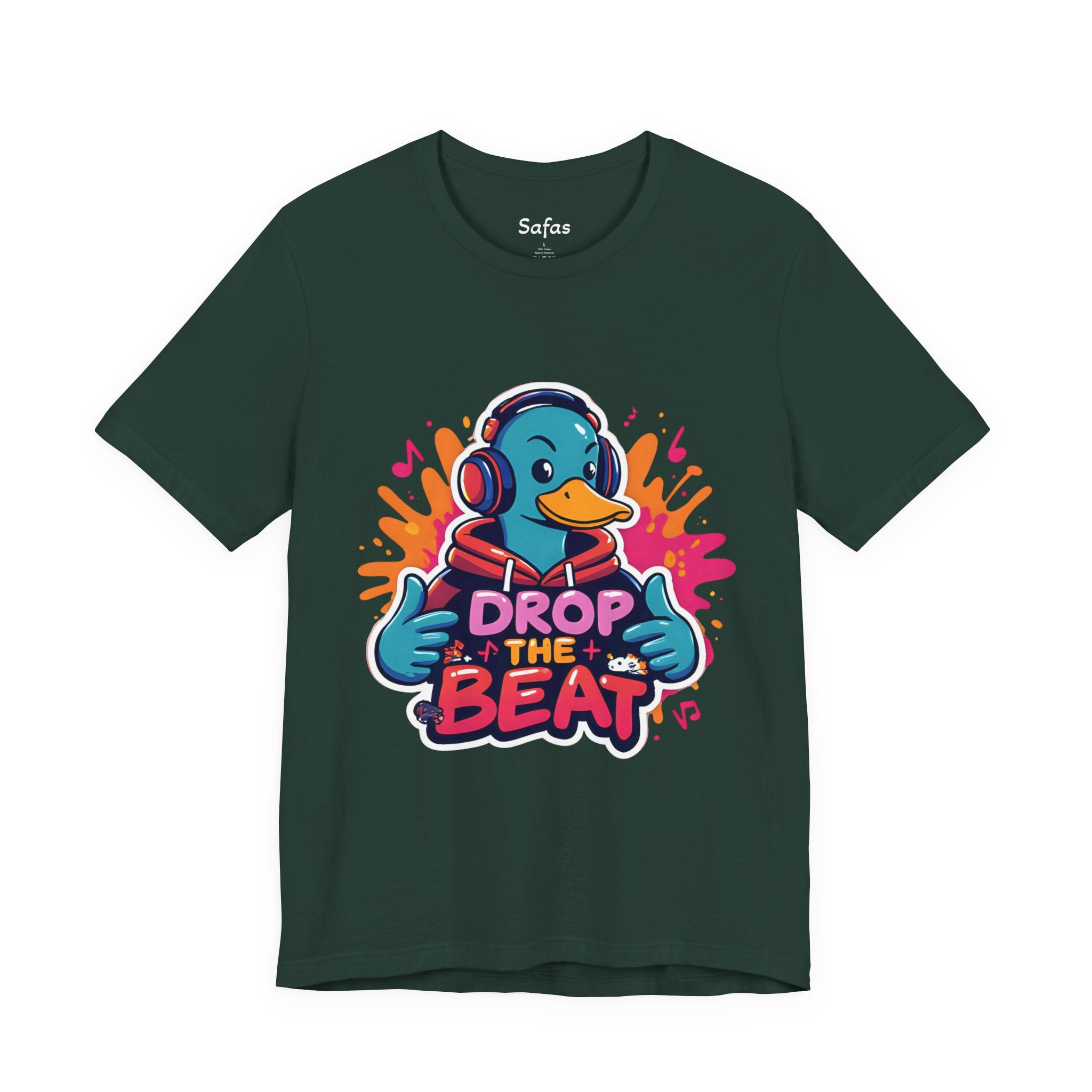 Forest t-shirt with a colorful graphic of a duck wearing headphones and 'Drop the Beat' text on a white background.