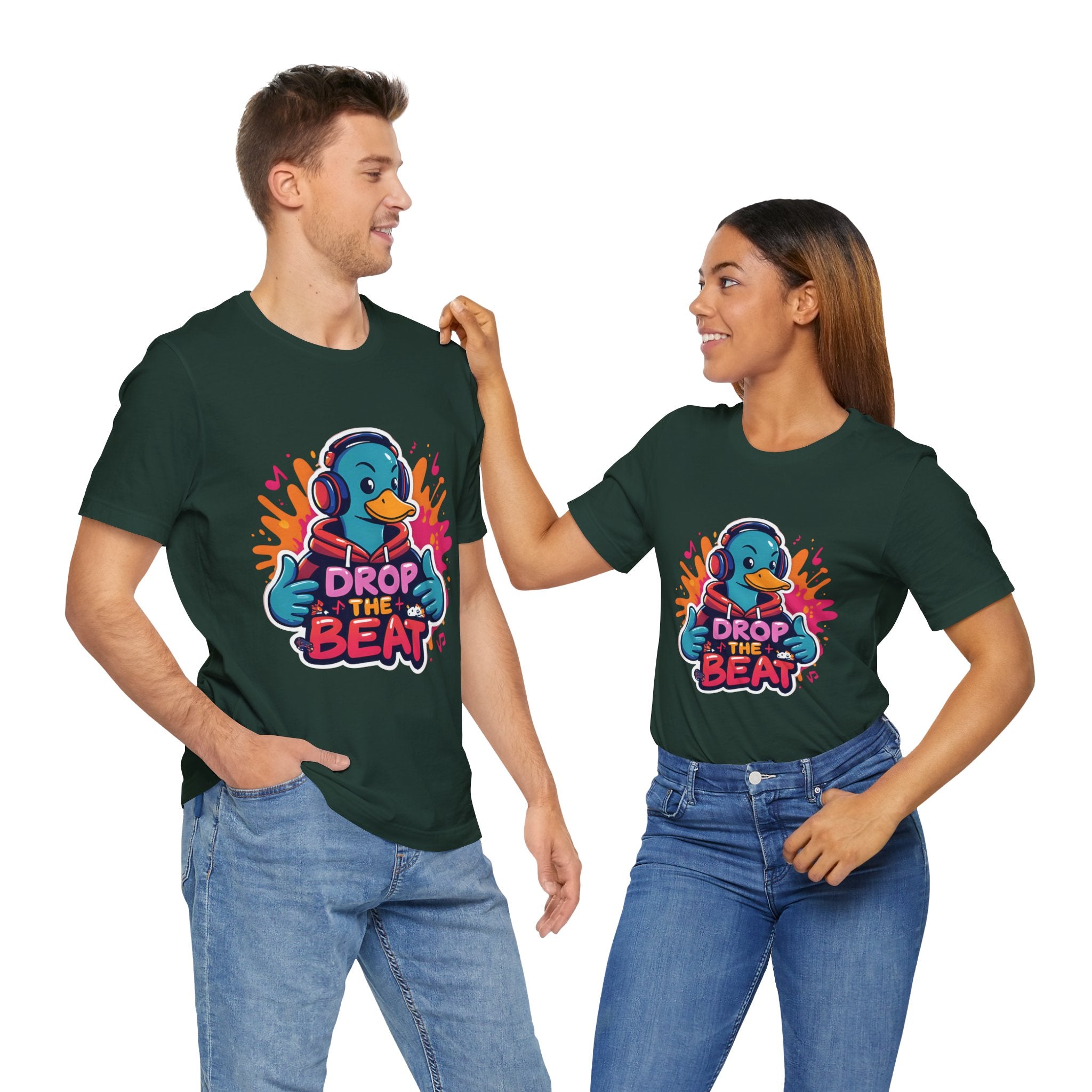 Two people wearing Forest t-shirts with a colorful graphic and text on a white background