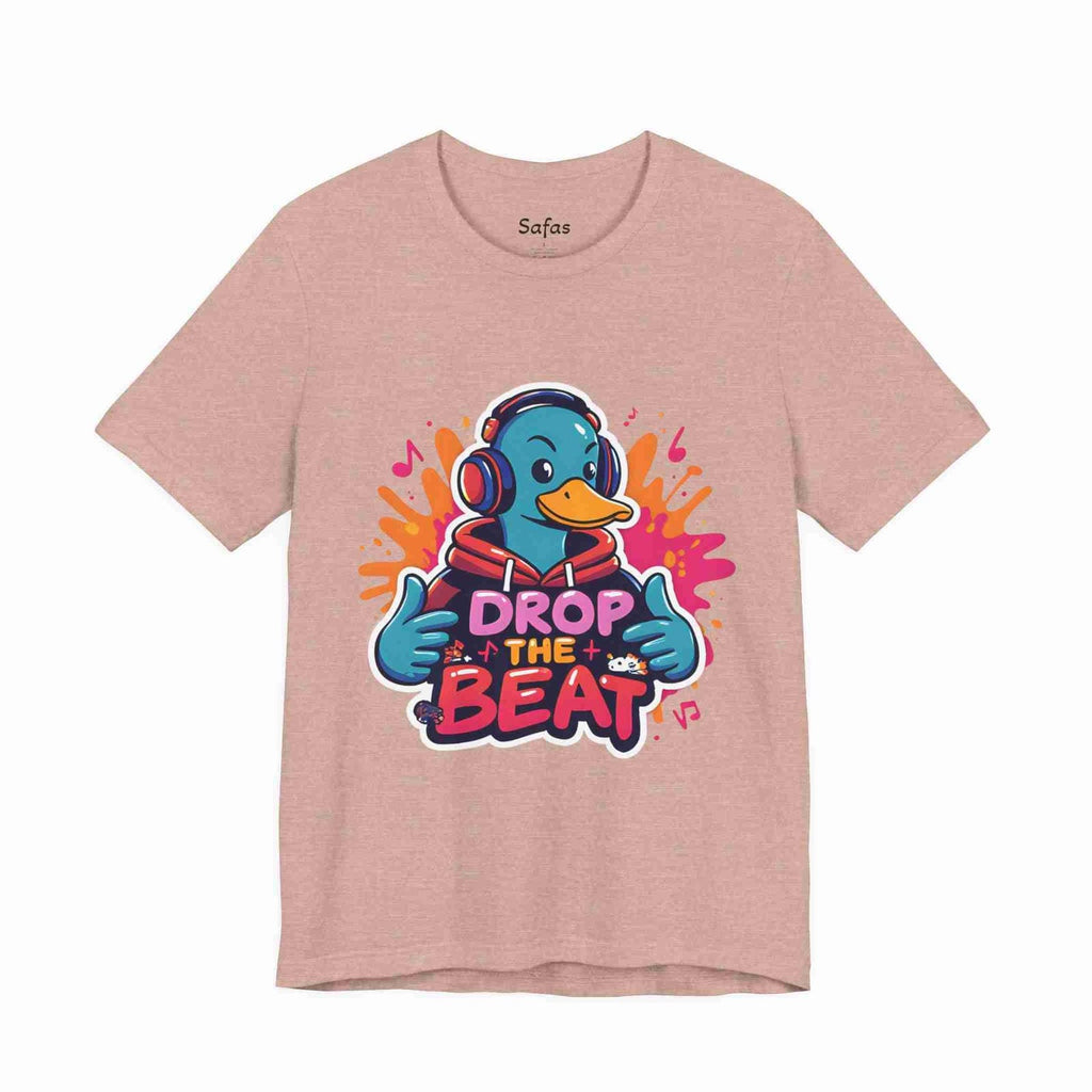 Heather Prism Peach t-shirt with a duck wearing headphones and 'Drop the Beat' text on a white background