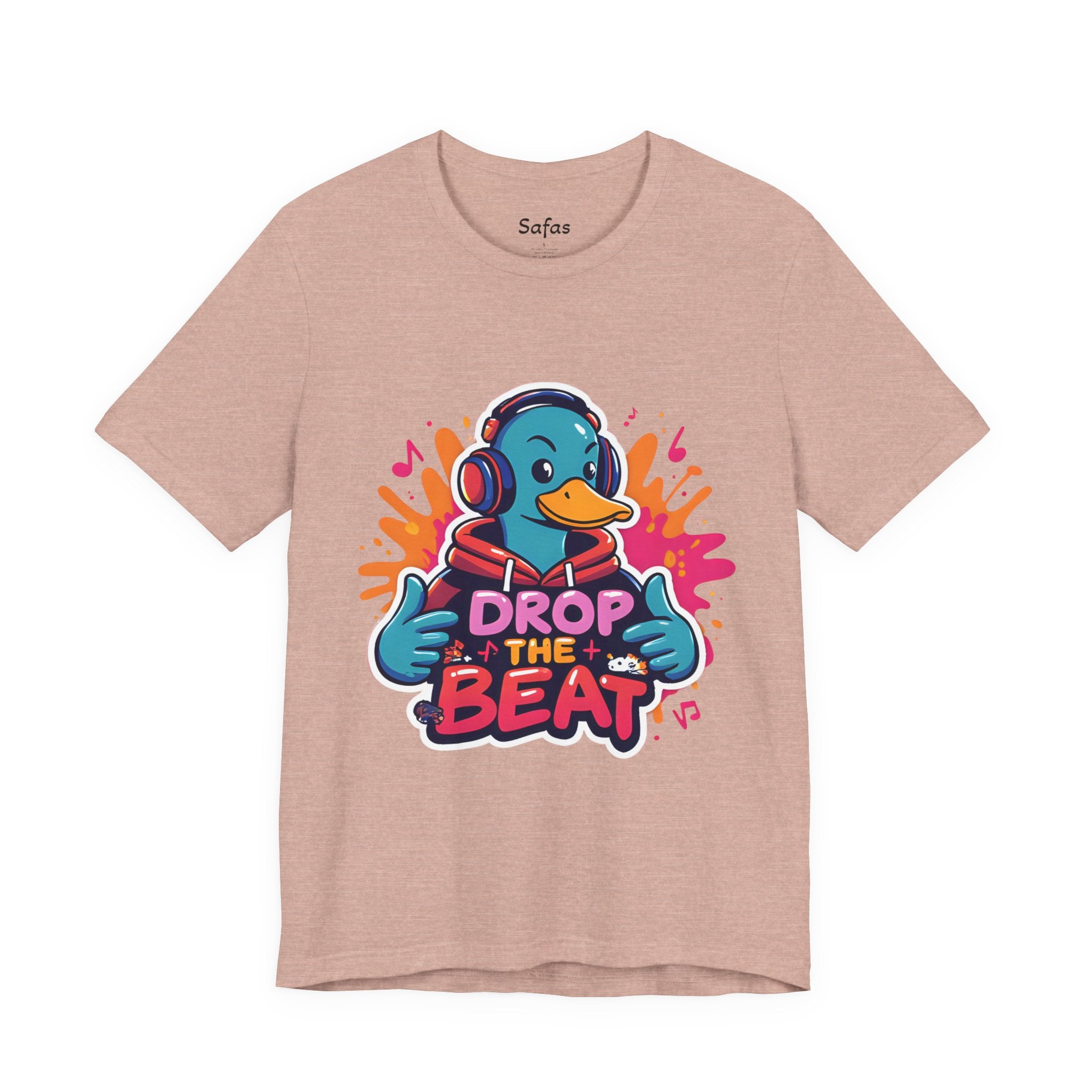Heather Prism Peach t-shirt with a duck wearing headphones and 'Drop the Beat' text on a white background