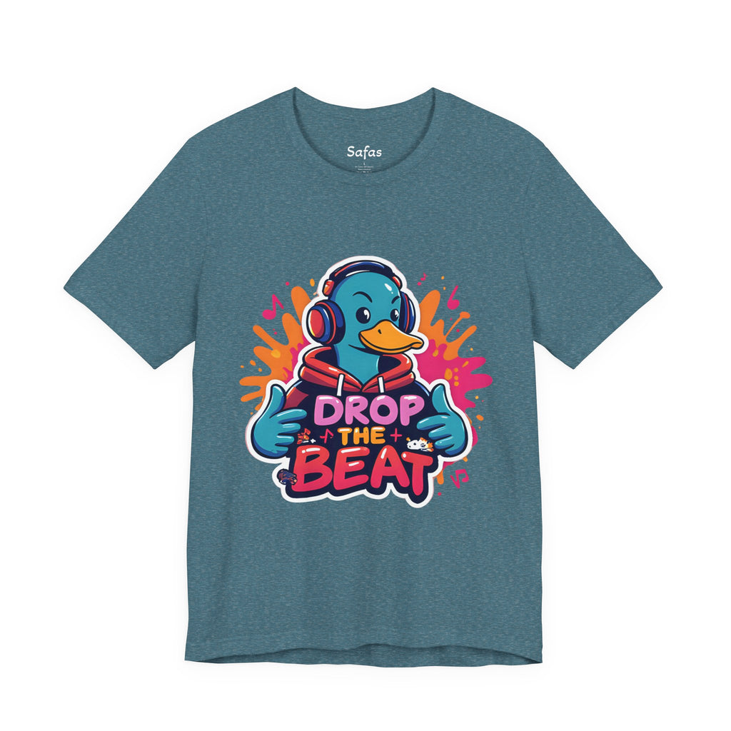 Heather Deep Teal t-shirt with a duck wearing headphones and 'Drop the Beat' text on a white background