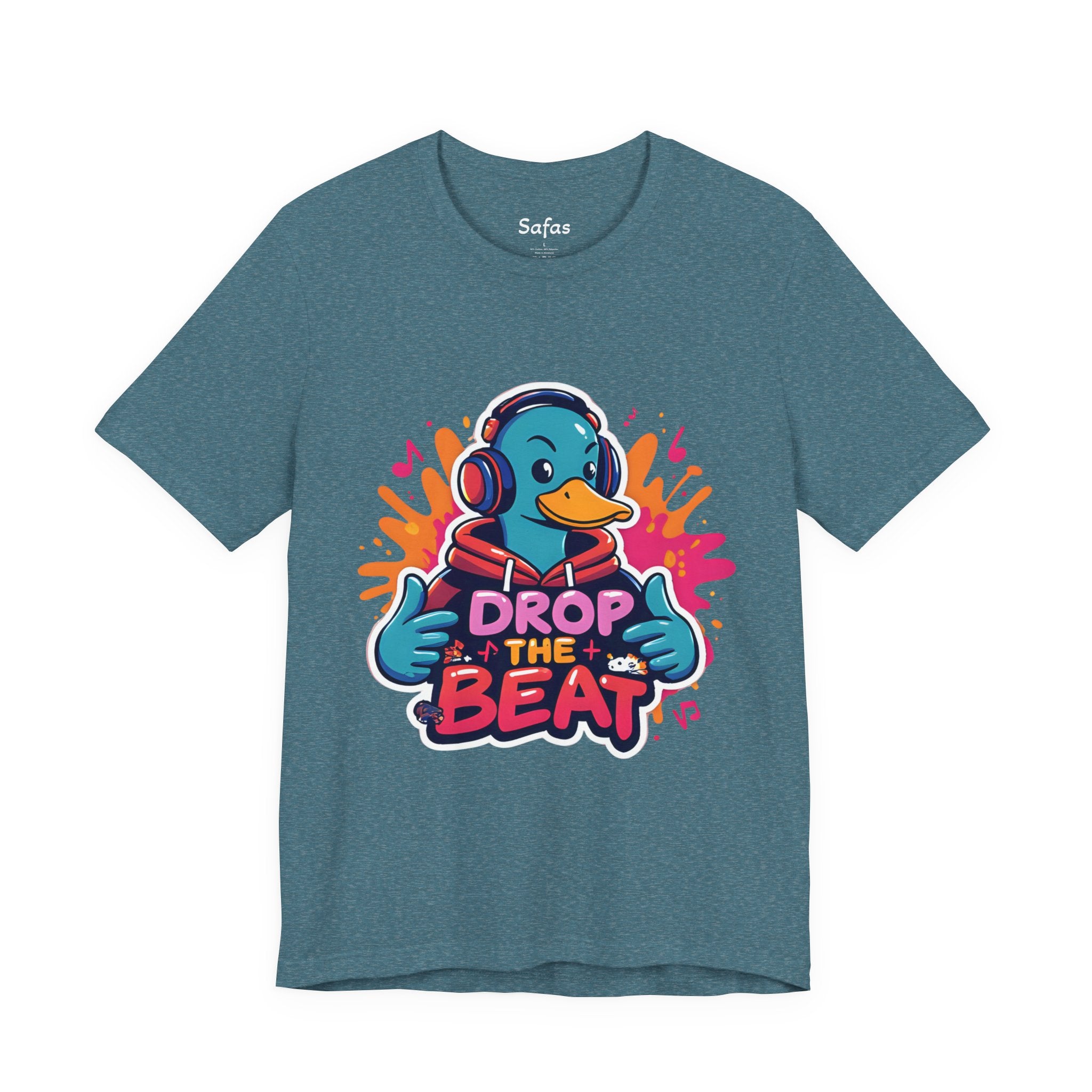Heather Deep Teal t-shirt with a duck wearing headphones and 'Drop the Beat' text on a white background
