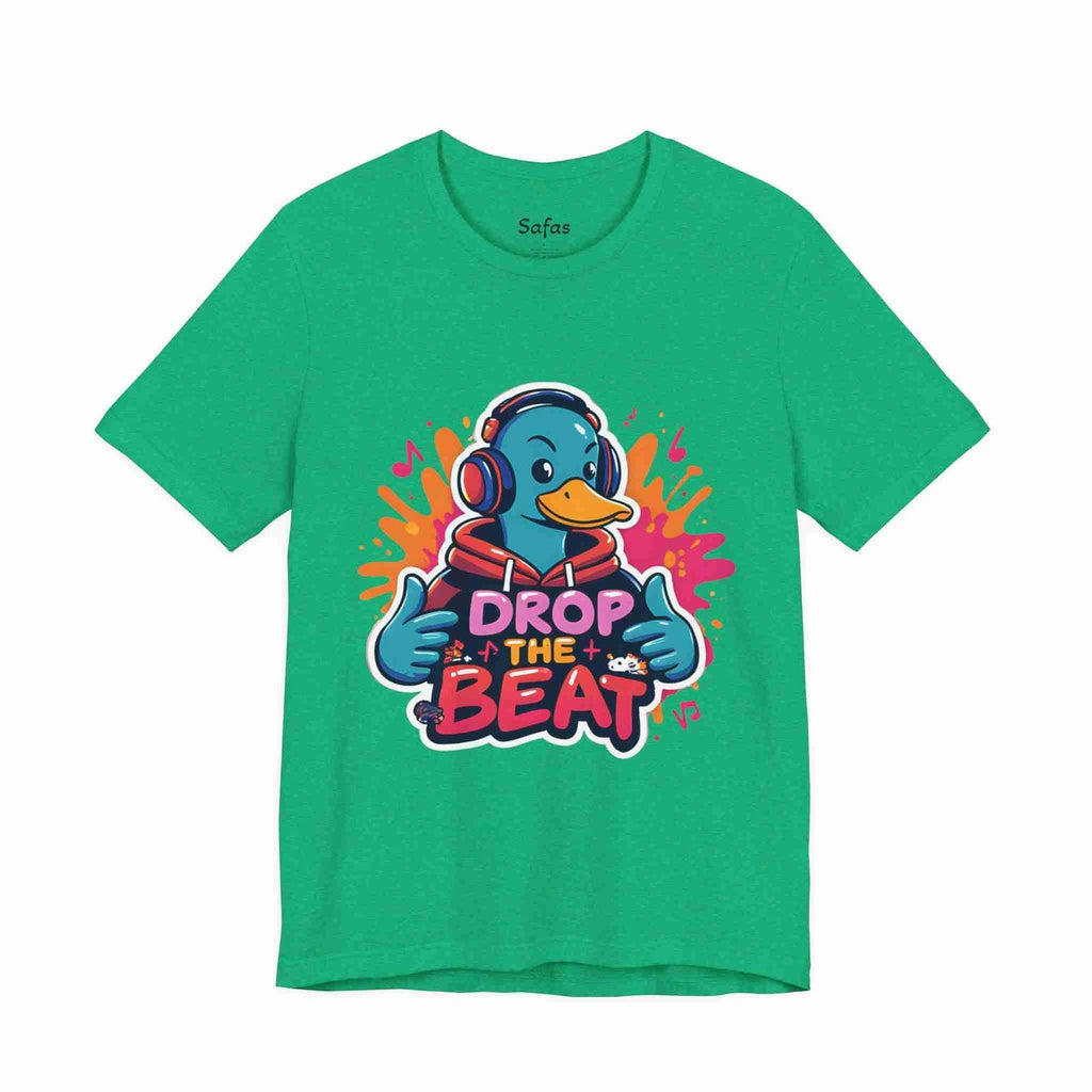 Heather Kelly t-shirt with a duck wearing headphones and 'Drop the Beat' text on a white background