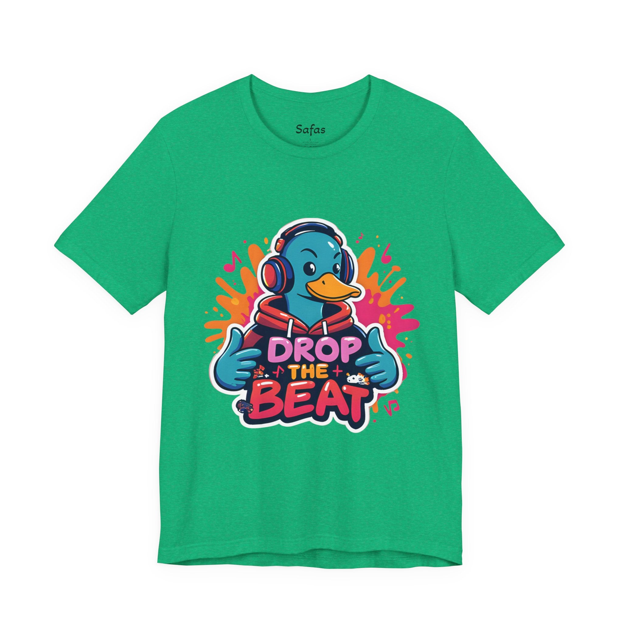 Heather Kelly t-shirt with a duck wearing headphones and 'Drop the Beat' text on a white background