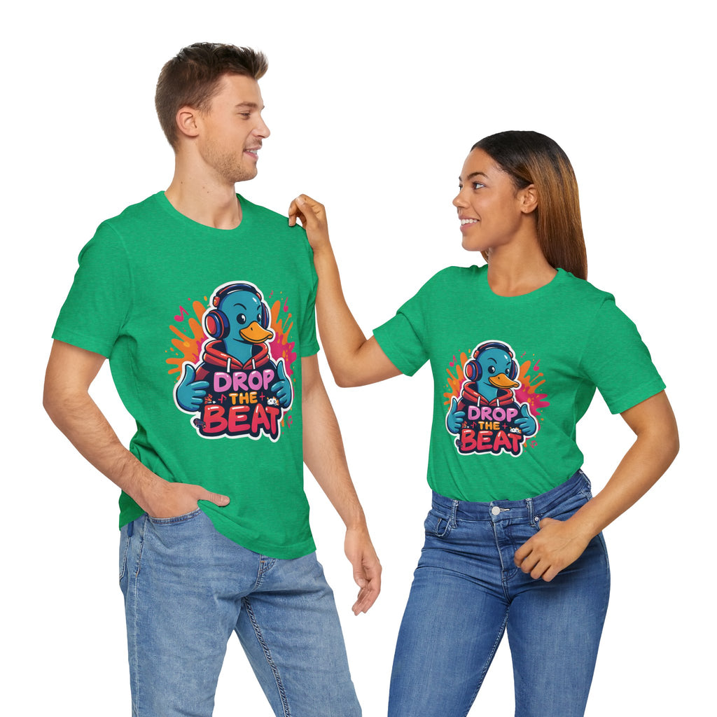 Two people wearing Heather Kelly t-shirts with a colorful graphic and text on a white background