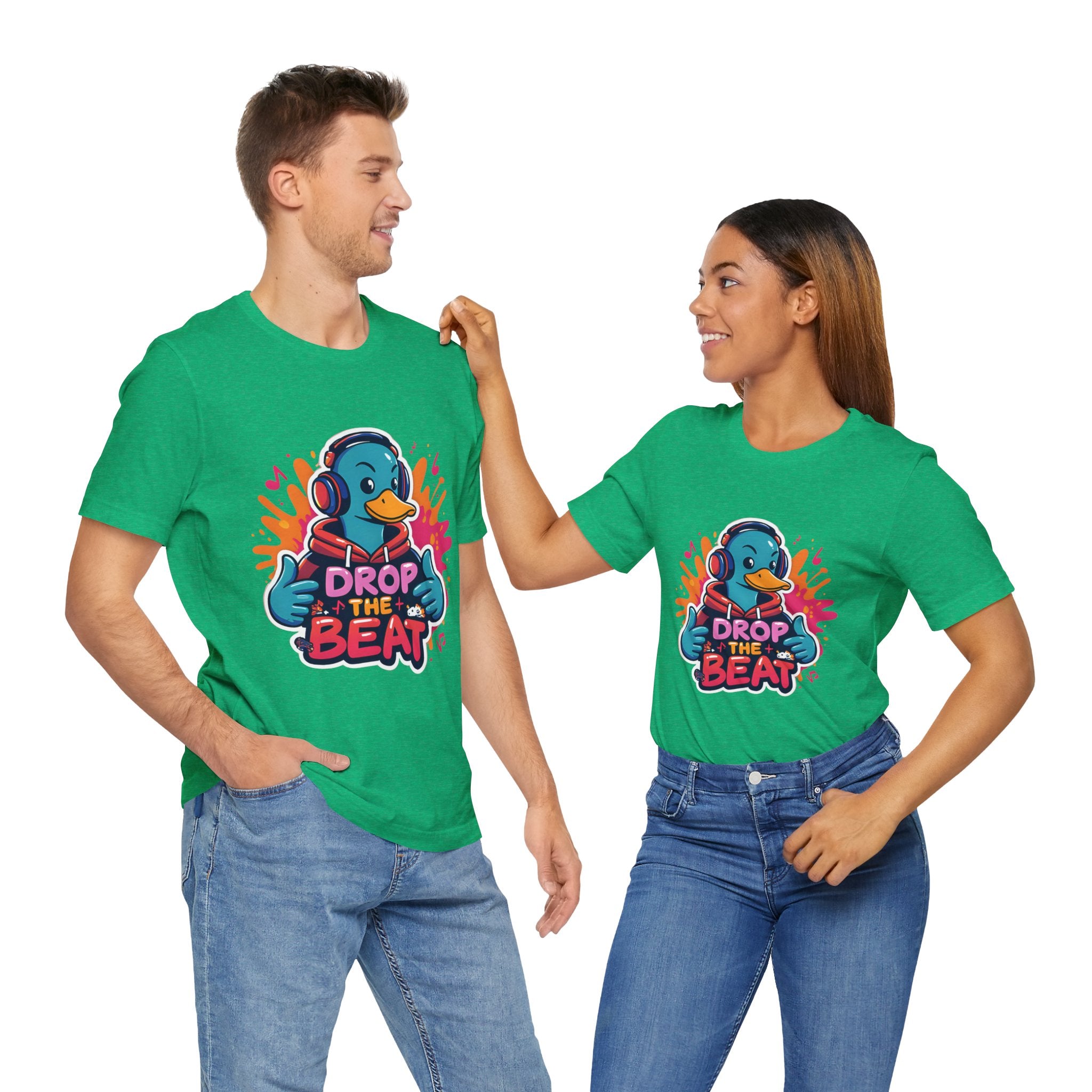 Two people wearing Heather Kelly t-shirts with a colorful graphic and text on a white background