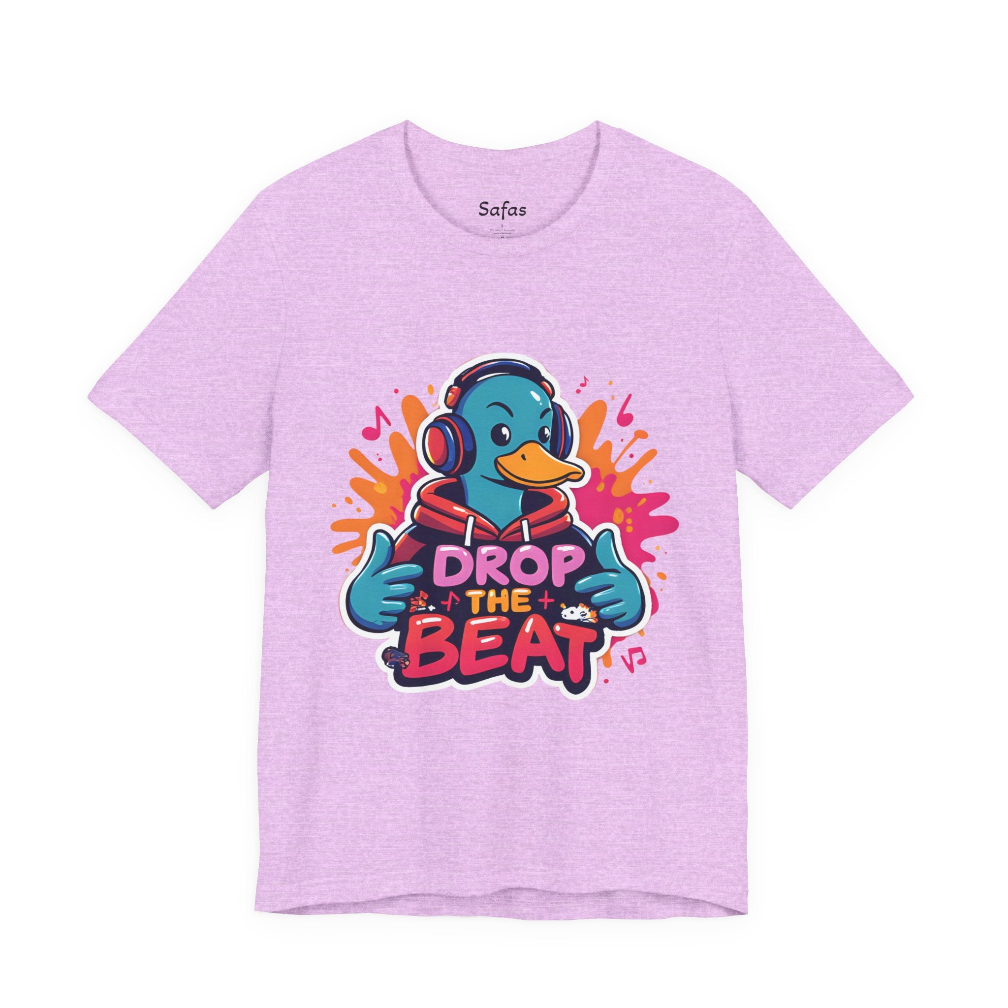 Heather Prism Lilac t-shirt with a duck wearing headphones and 'Drop the Beat' text on a white background.