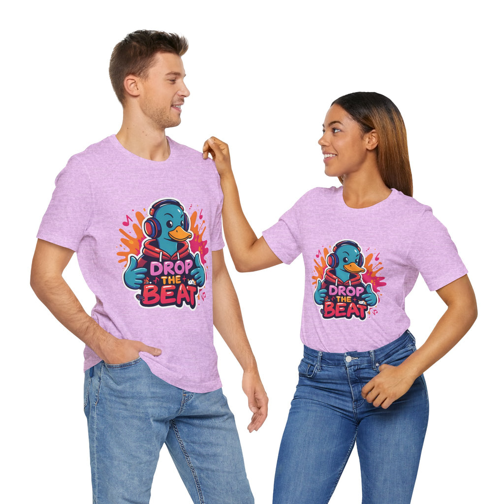 Two people wearing matching Heather prism Lilac  t-shirts with a colorful graphic and text on a white background