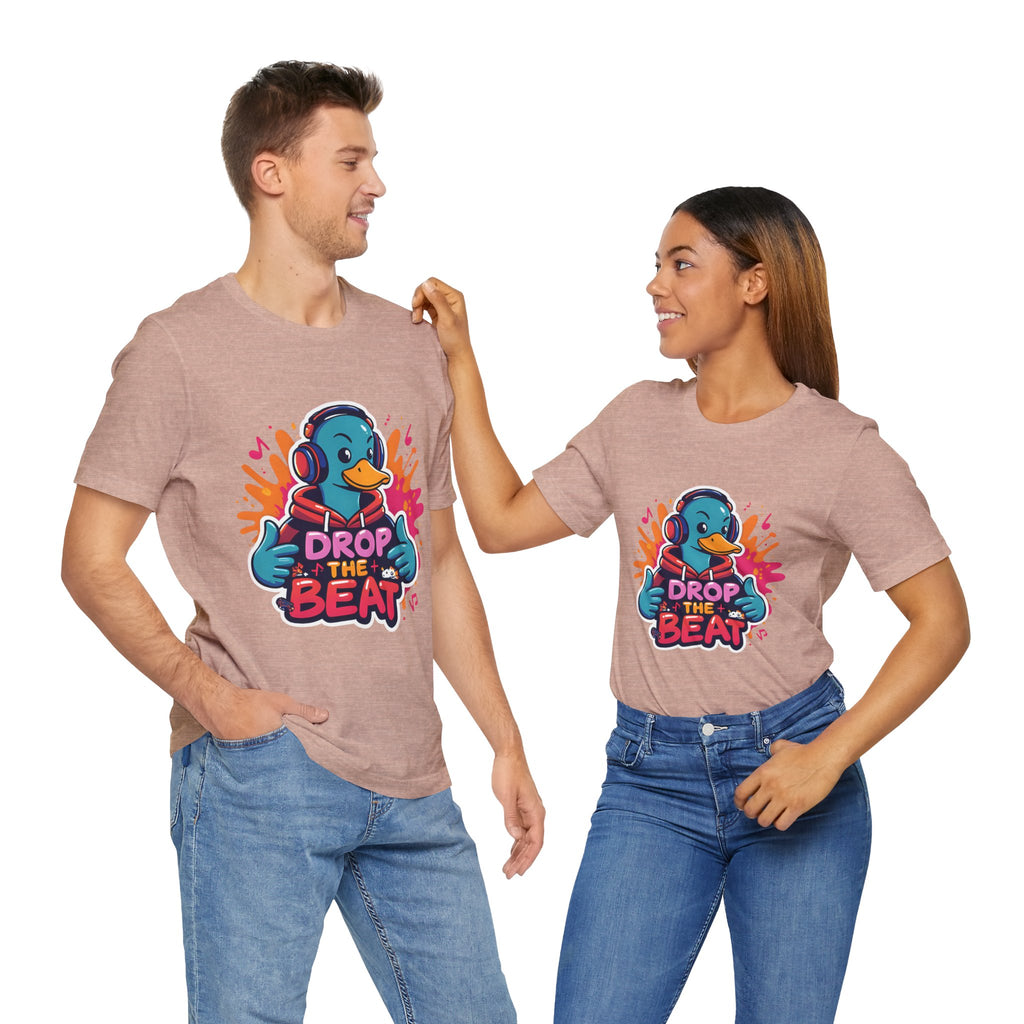 Two people wearing Heather Prism Peach matching t-shirts with a colorful graphic and text on a white background