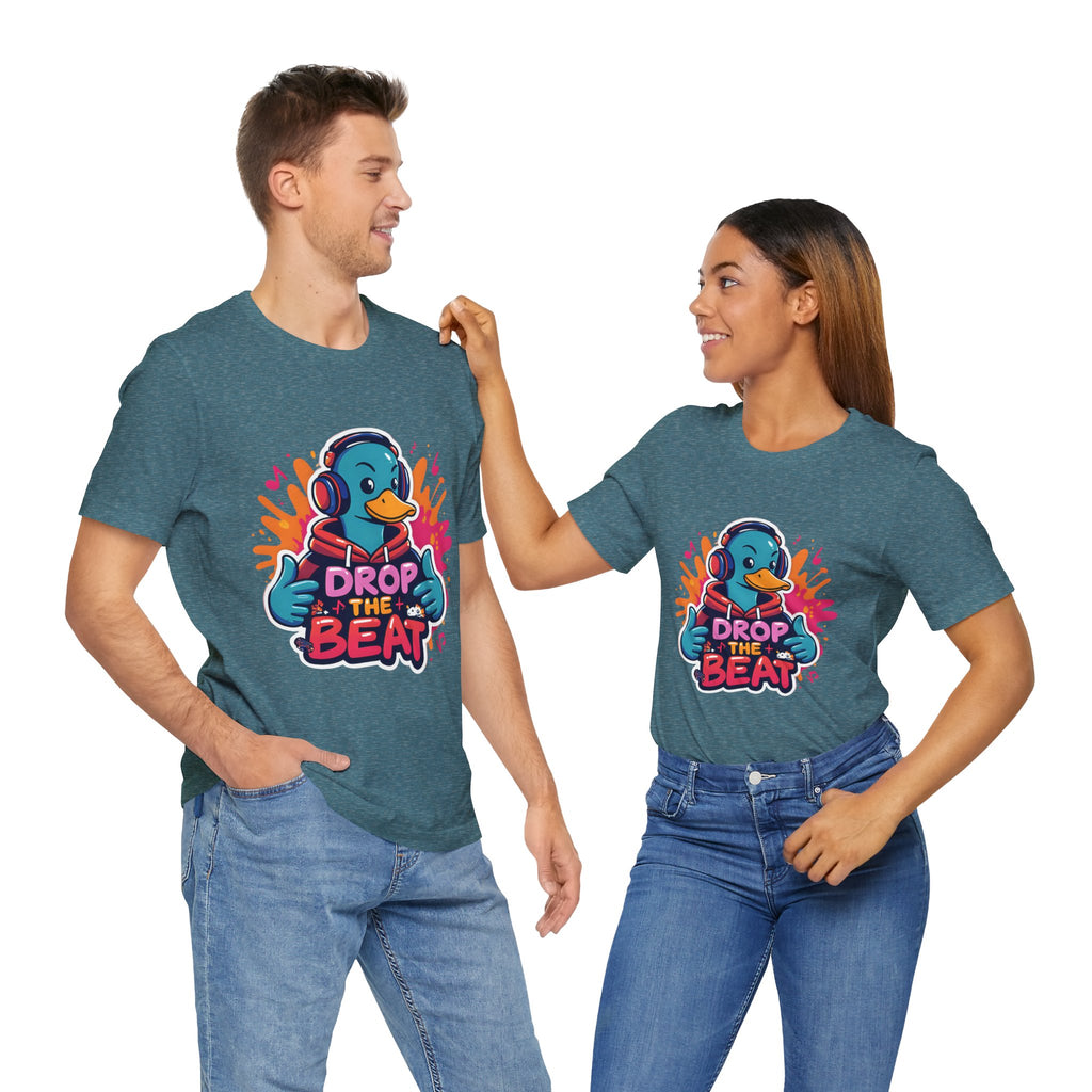 Two people wearing matching Heather deep teal t-shirts with a colorful graphic and text on a white background