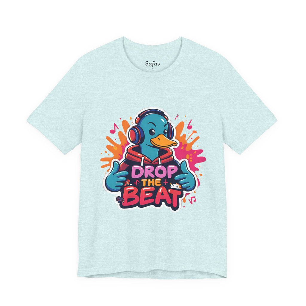 Heather Prism ice blue t-shirt with a duck wearing headphones and 'Drop the Beat' text on a white background