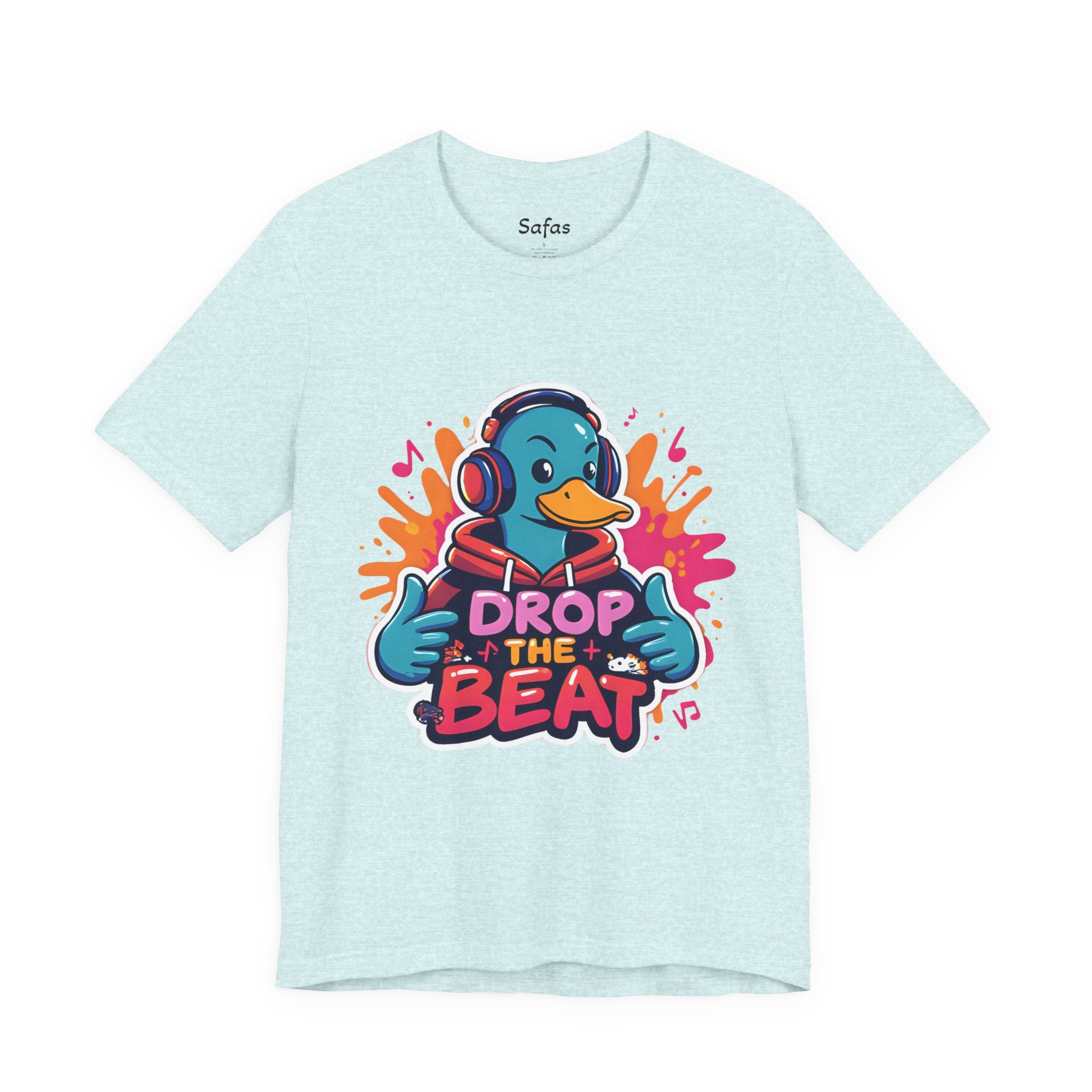 Heather Prism ice blue t-shirt with a duck wearing headphones and 'Drop the Beat' text on a white background