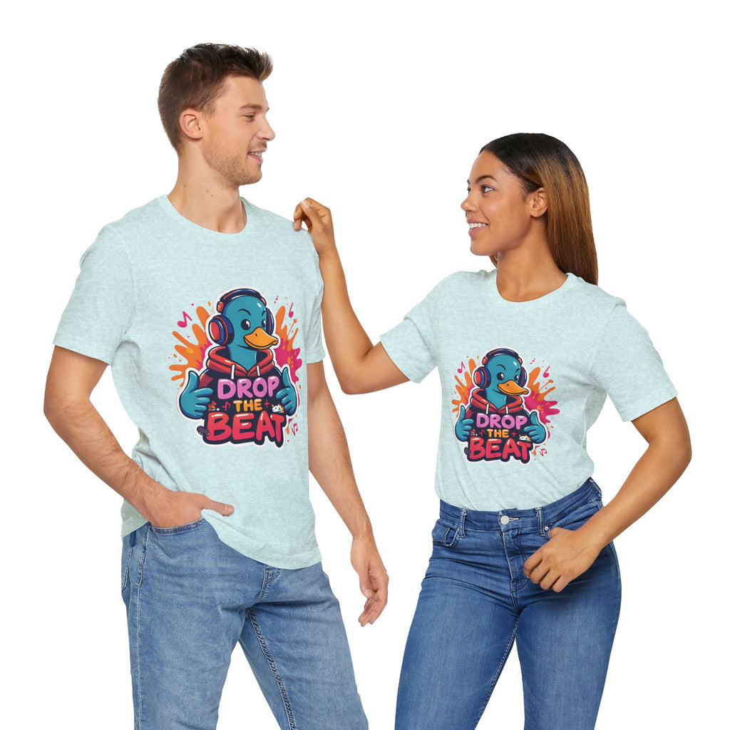 Two people wearing Heather prism ice blue t-shirts with a colorful graphic and text on a white background