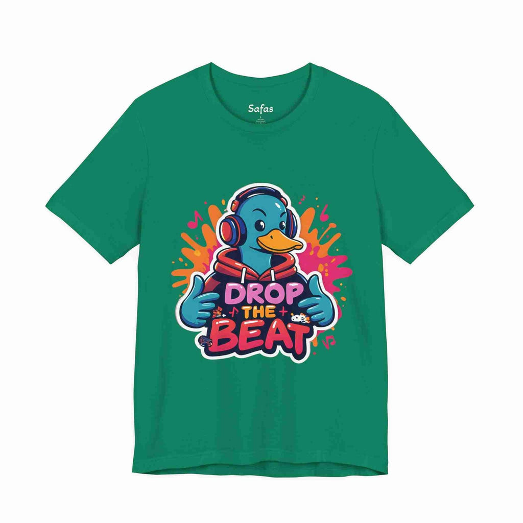 Kelly t-shirt with a duck wearing headphones and 'Drop the Beat' text on a white background