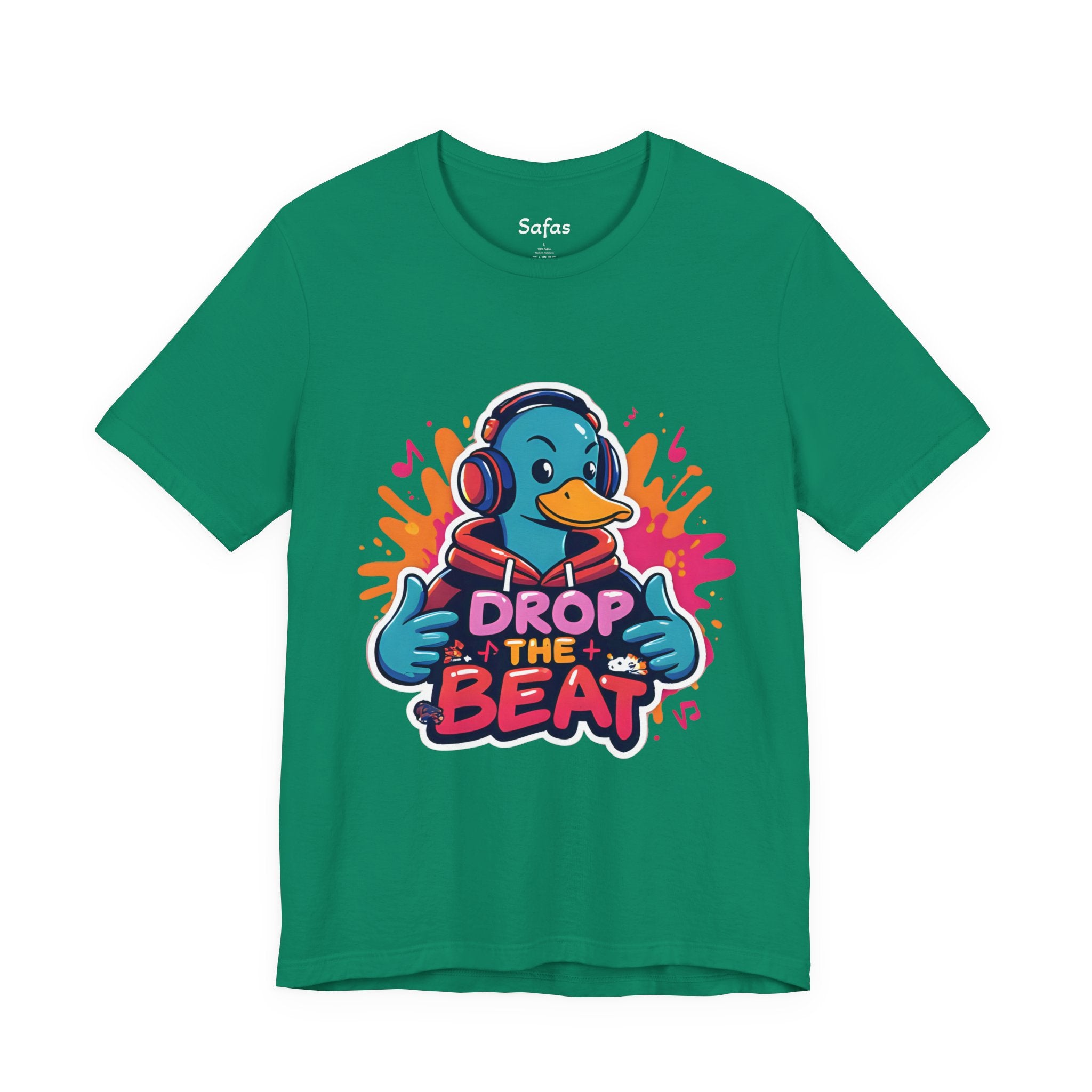Kelly t-shirt with a duck wearing headphones and 'Drop the Beat' text on a white background