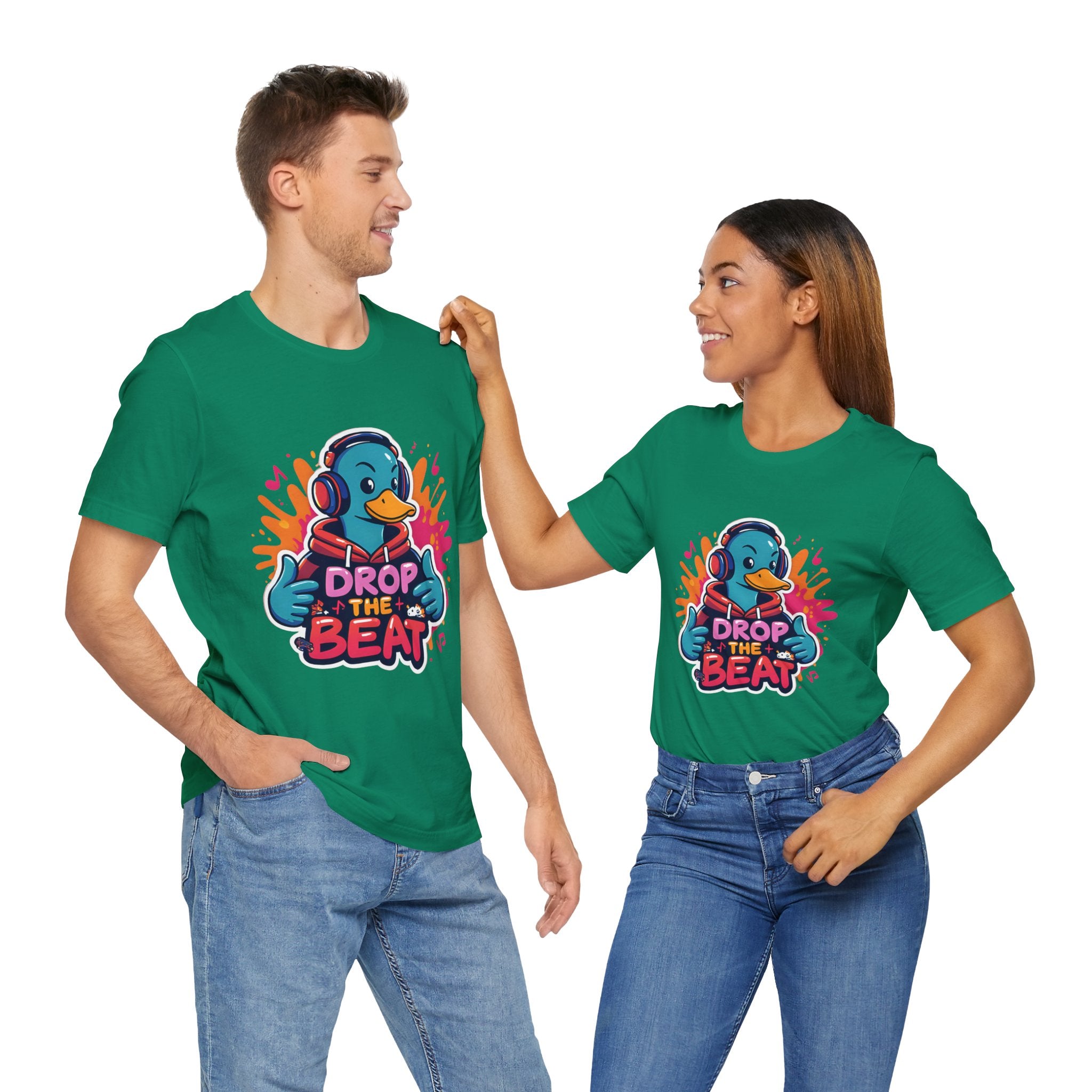 Two people wearing Kelly t-shirts with a colorful graphic and text on a white background