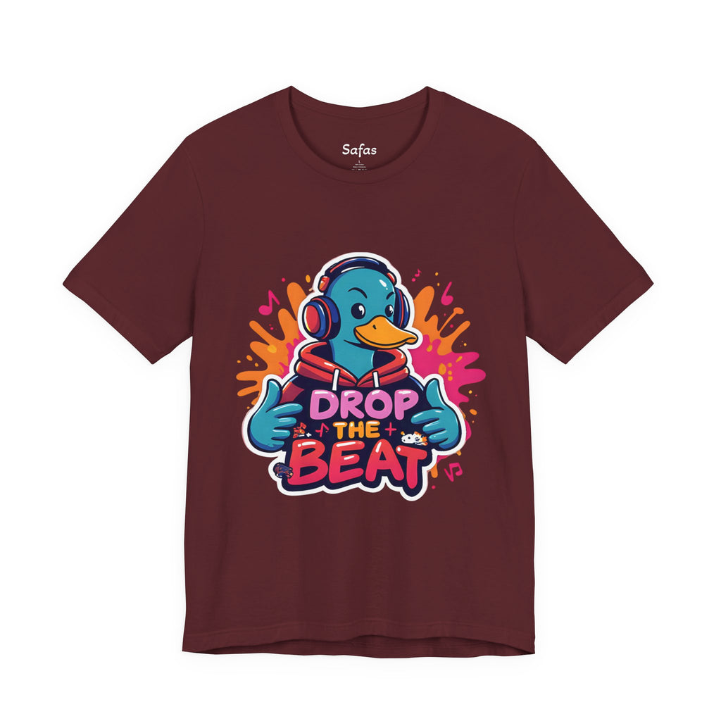 Maroon t-shirt with a colorful graphic of a duck wearing headphones and 'Drop the Beat' text on a white background.
