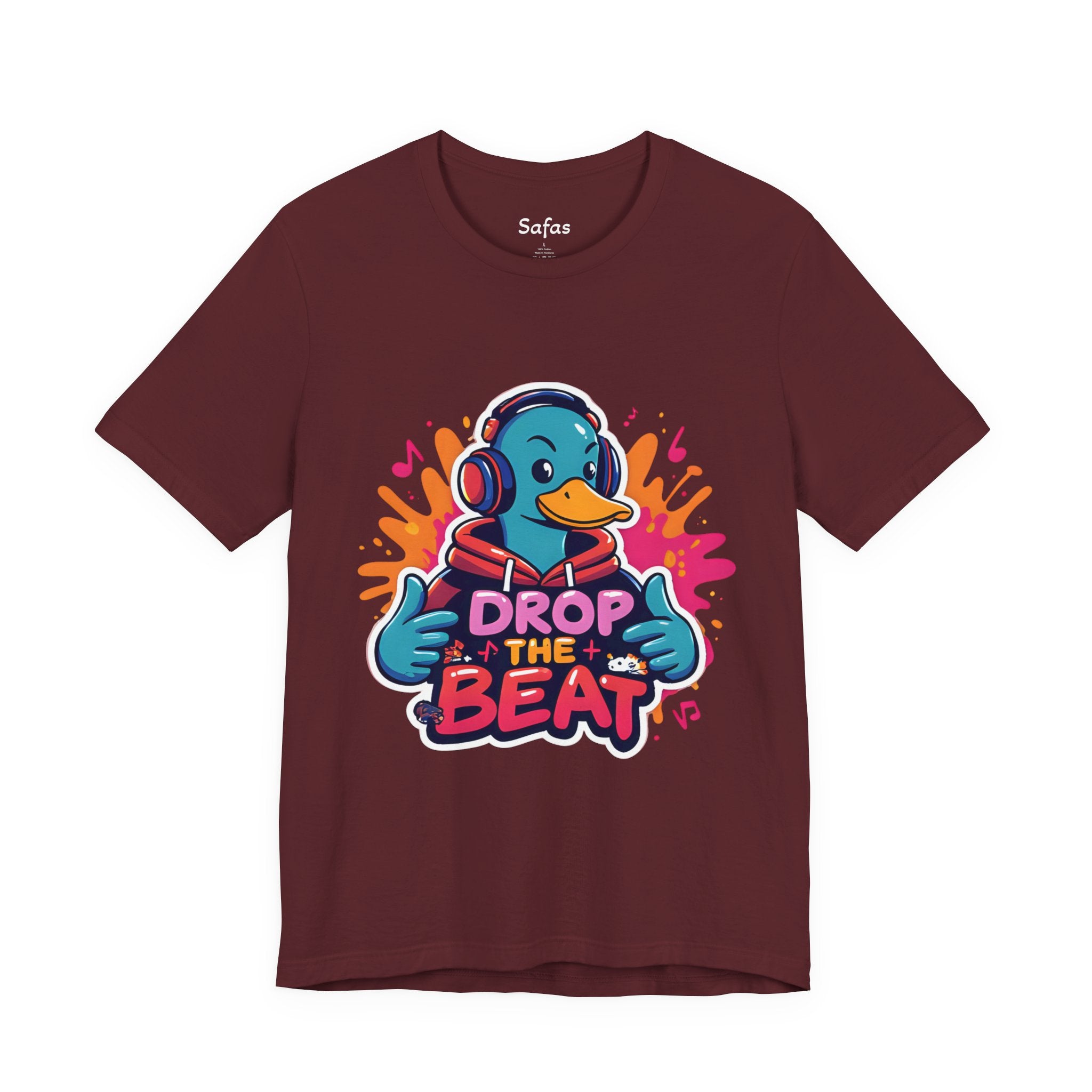 Maroon t-shirt with a colorful graphic of a duck wearing headphones and 'Drop the Beat' text on a white background.