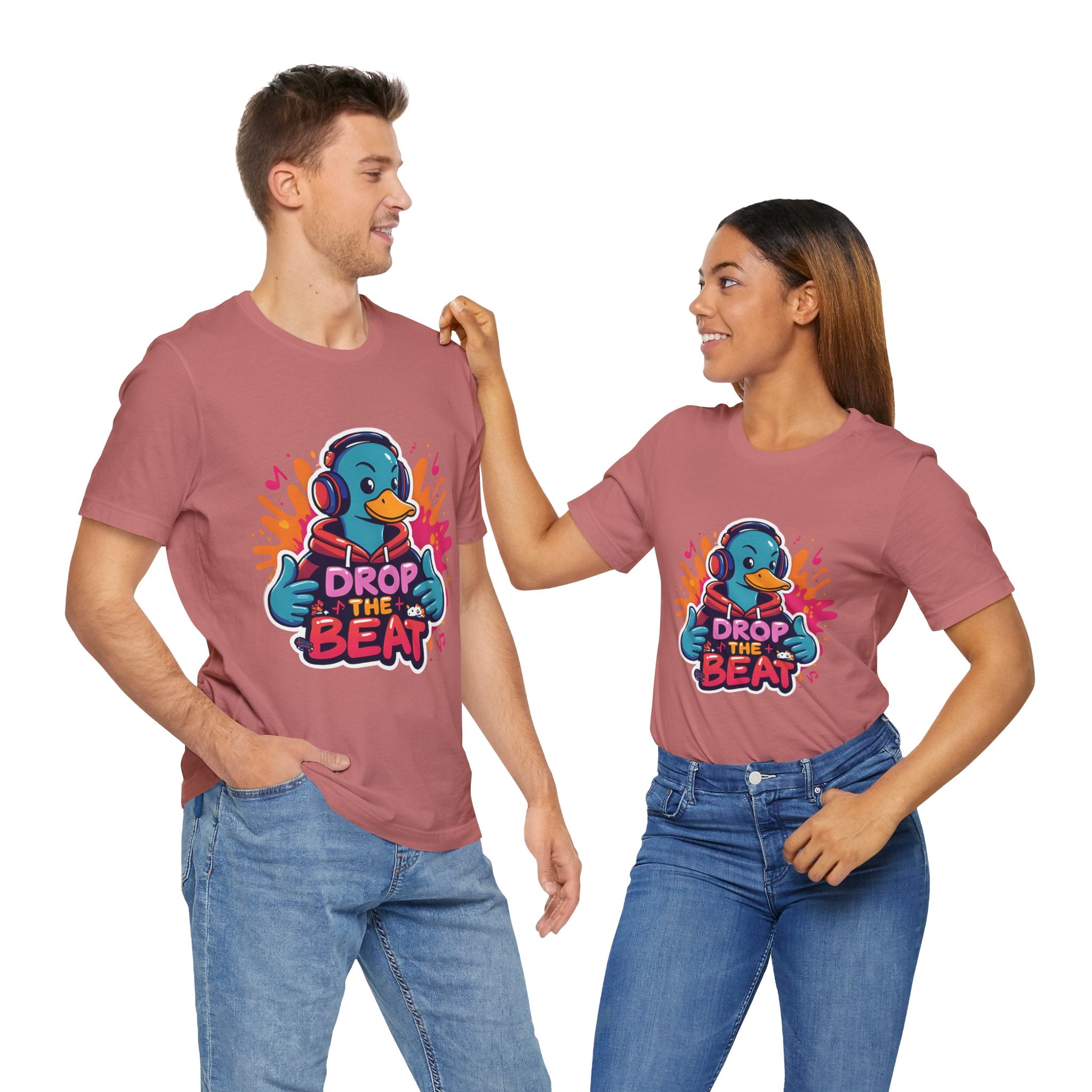 Two people wearing Mauve matching t-shirts with a duck graphic and text on a white background
