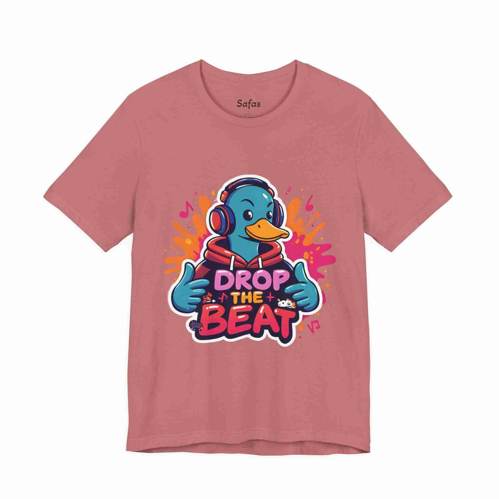 Mauve t-shirt with a duck wearing headphones and 'Drop the Beat' text on a white background