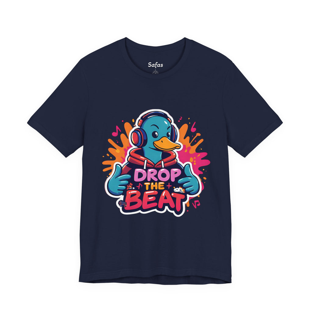 Navy t-shirt with a colorful graphic of a duck wearing headphones and 'Drop the Beat' text on a white background.