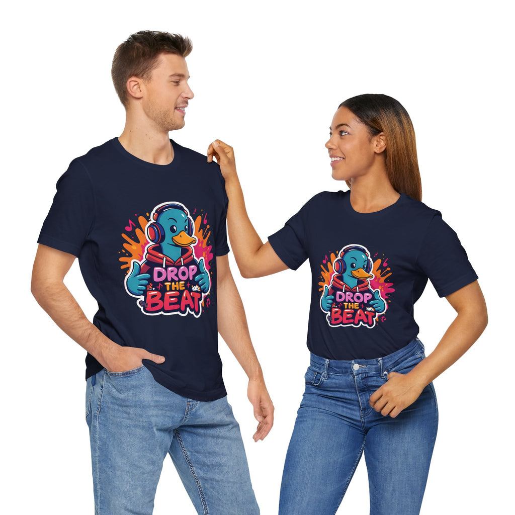 Two people wearing navy  t-shirts with a colorful graphic and text on a white background