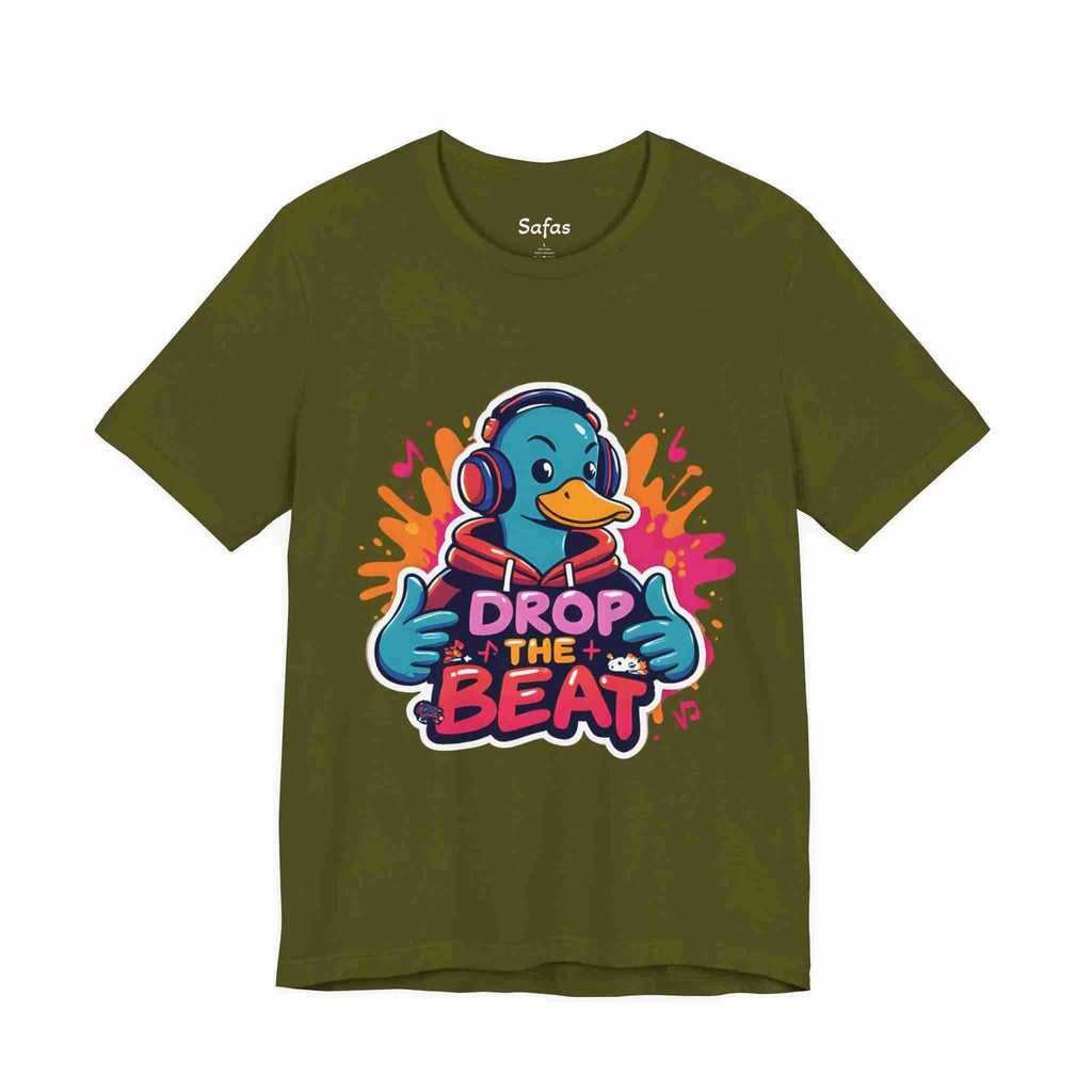 Olive t-shirt with a cartoon duck wearing headphones and 'Drop the Beat' text on a white background.