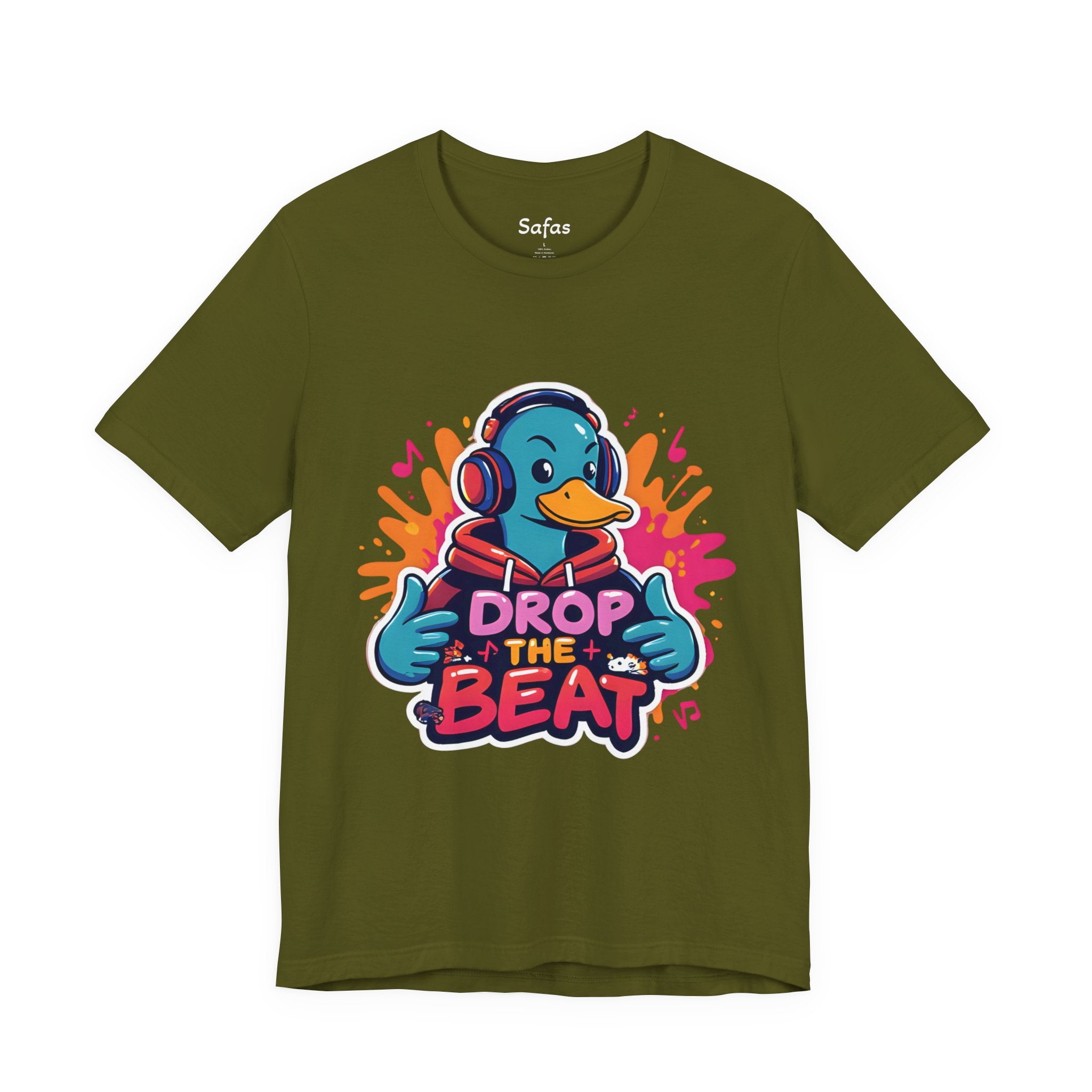 Olive t-shirt with a cartoon duck wearing headphones and 'Drop the Beat' text on a white background.