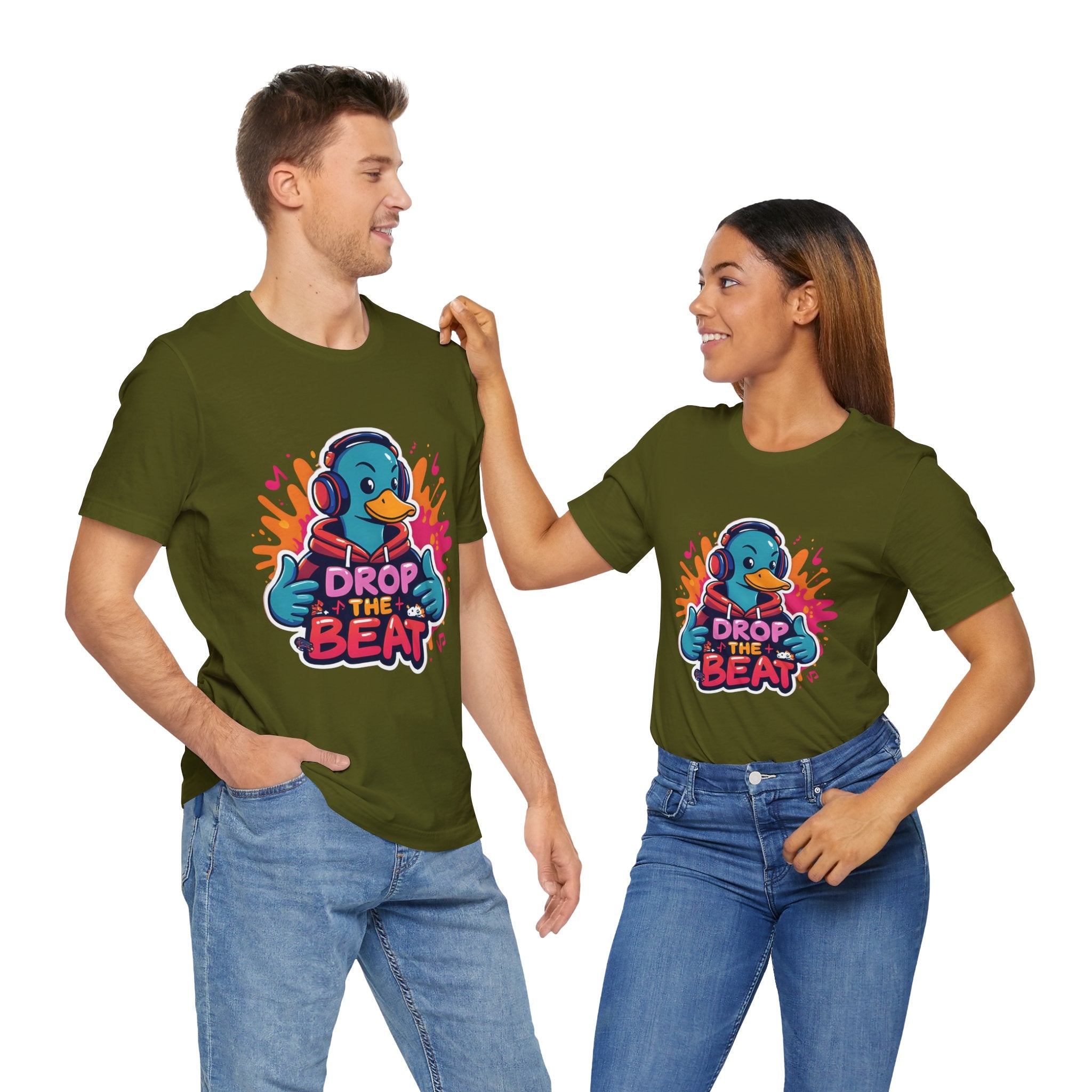 Two people wearing Olive t-shirts with a colorful graphic and text on a white background