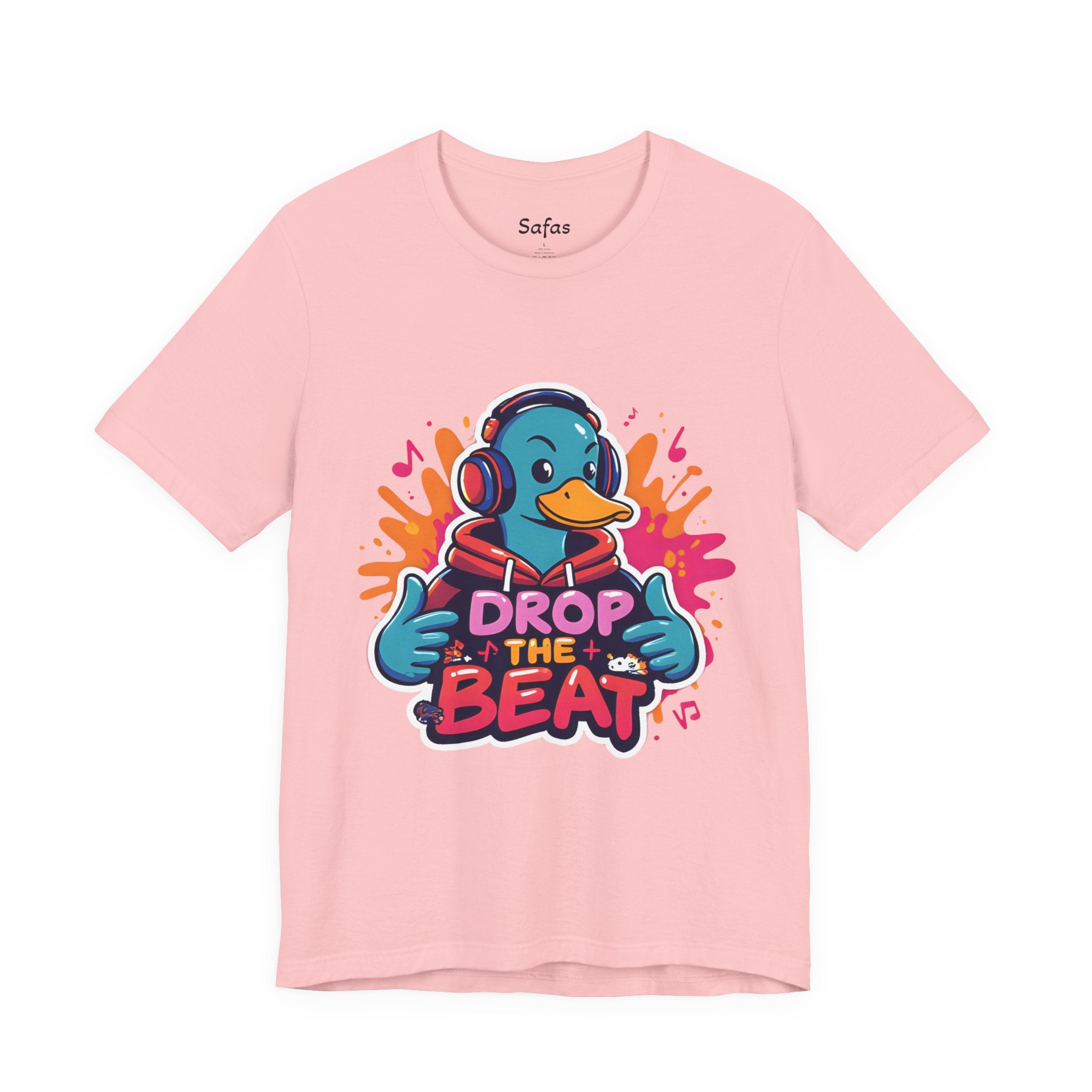 Pink t-shirt with a duck wearing headphones and 'Drop the Beat' text on a white background
